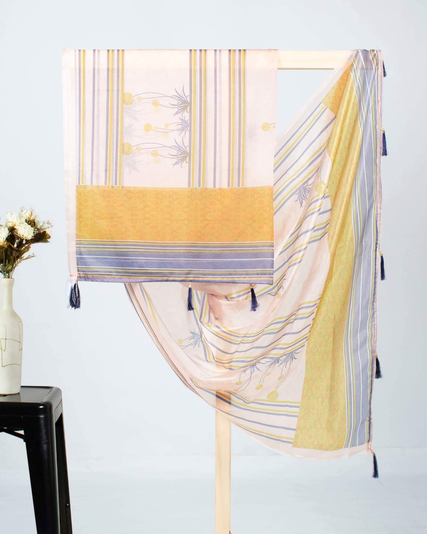 Salmon Peach And Dijjon Yellow Floral Pattern Digital Print Premium Organza Dupatta With Tassels - Fabcurate