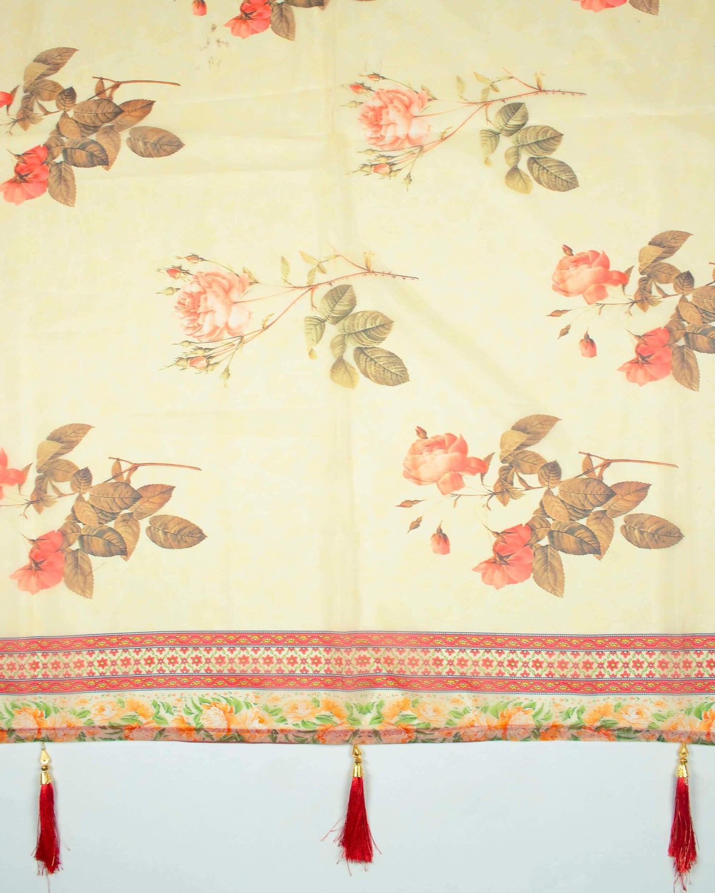 Maroon And Oyster Beige Floral Pattern Digital Print Premium Organza Dupatta With Tassels - Fabcurate