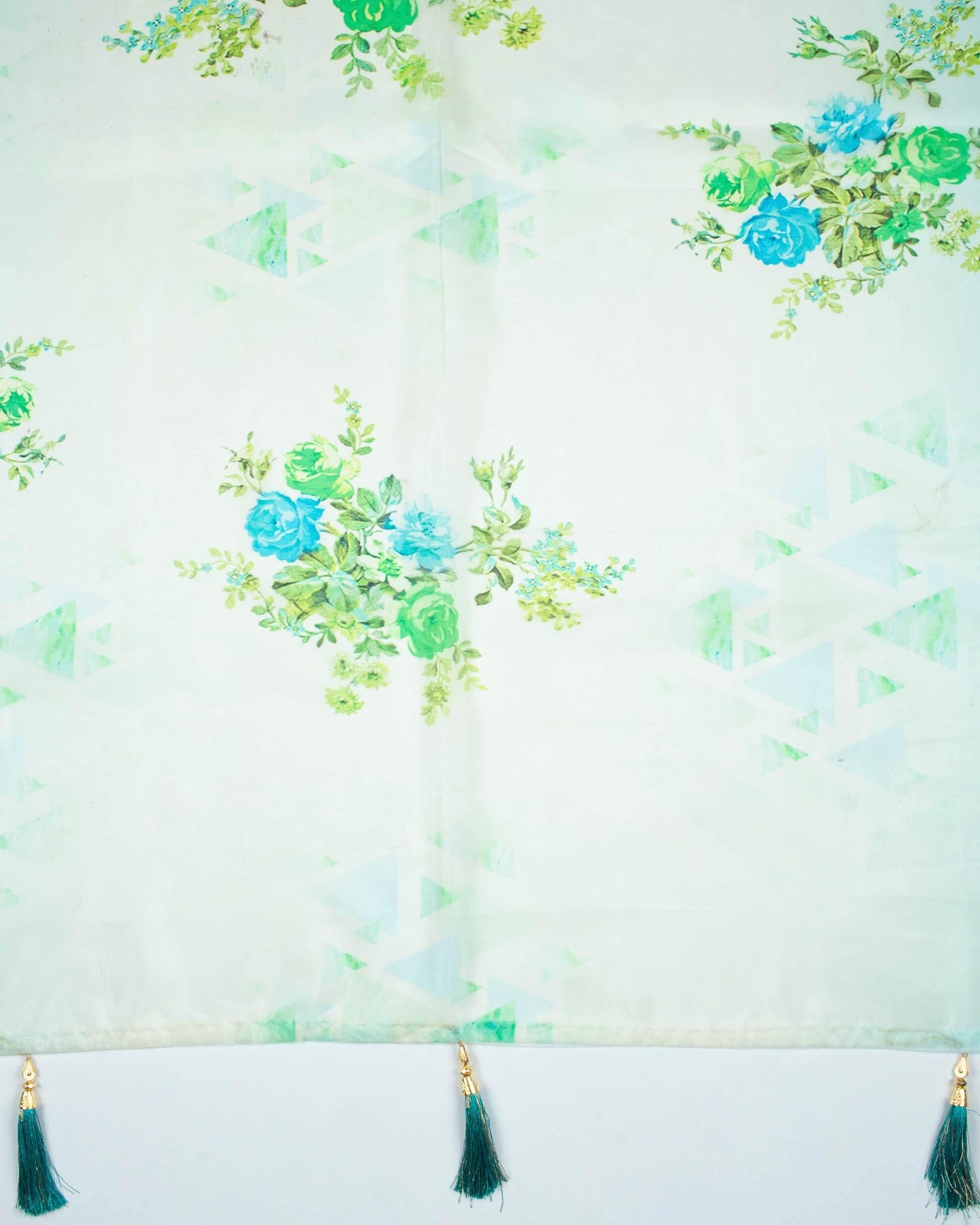 Turquoise And Oyster Beige Floral Pattern Digital Print Premium Organza Dupatta With Tassels - Fabcurate
