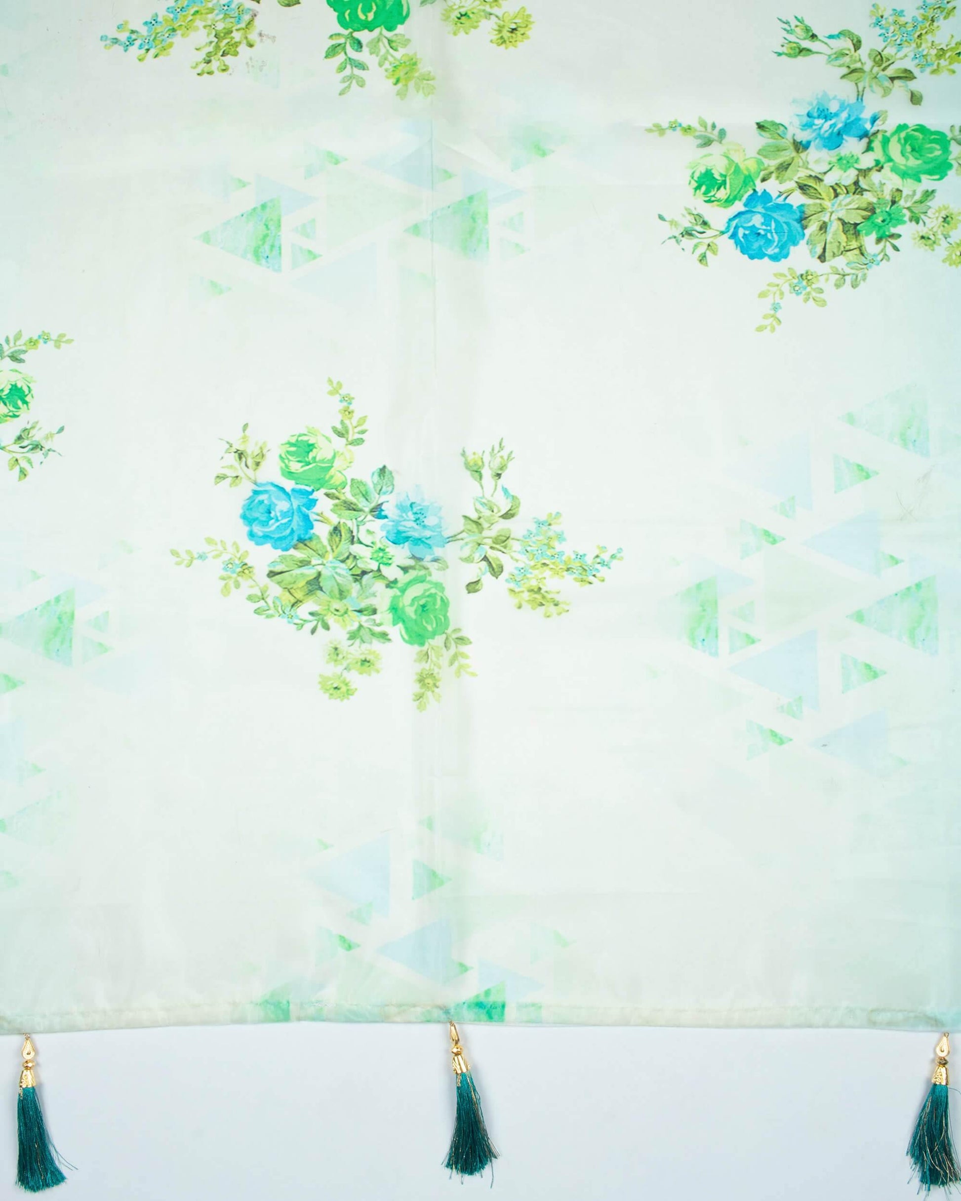 Turquoise And Oyster Beige Floral Pattern Digital Print Premium Organza Dupatta With Tassels - Fabcurate