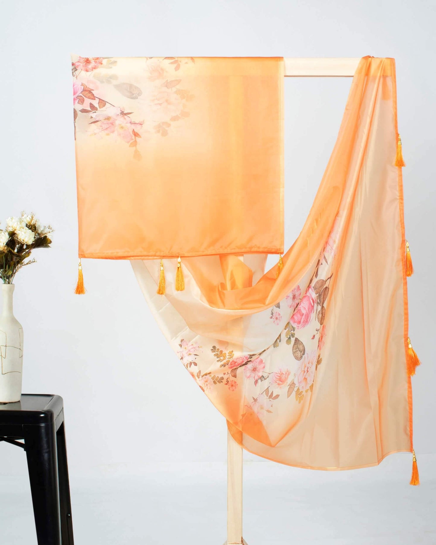Royal Orange And Pink Floral Pattern Digital Print Premium Organza Dupatta With Tassels - Fabcurate