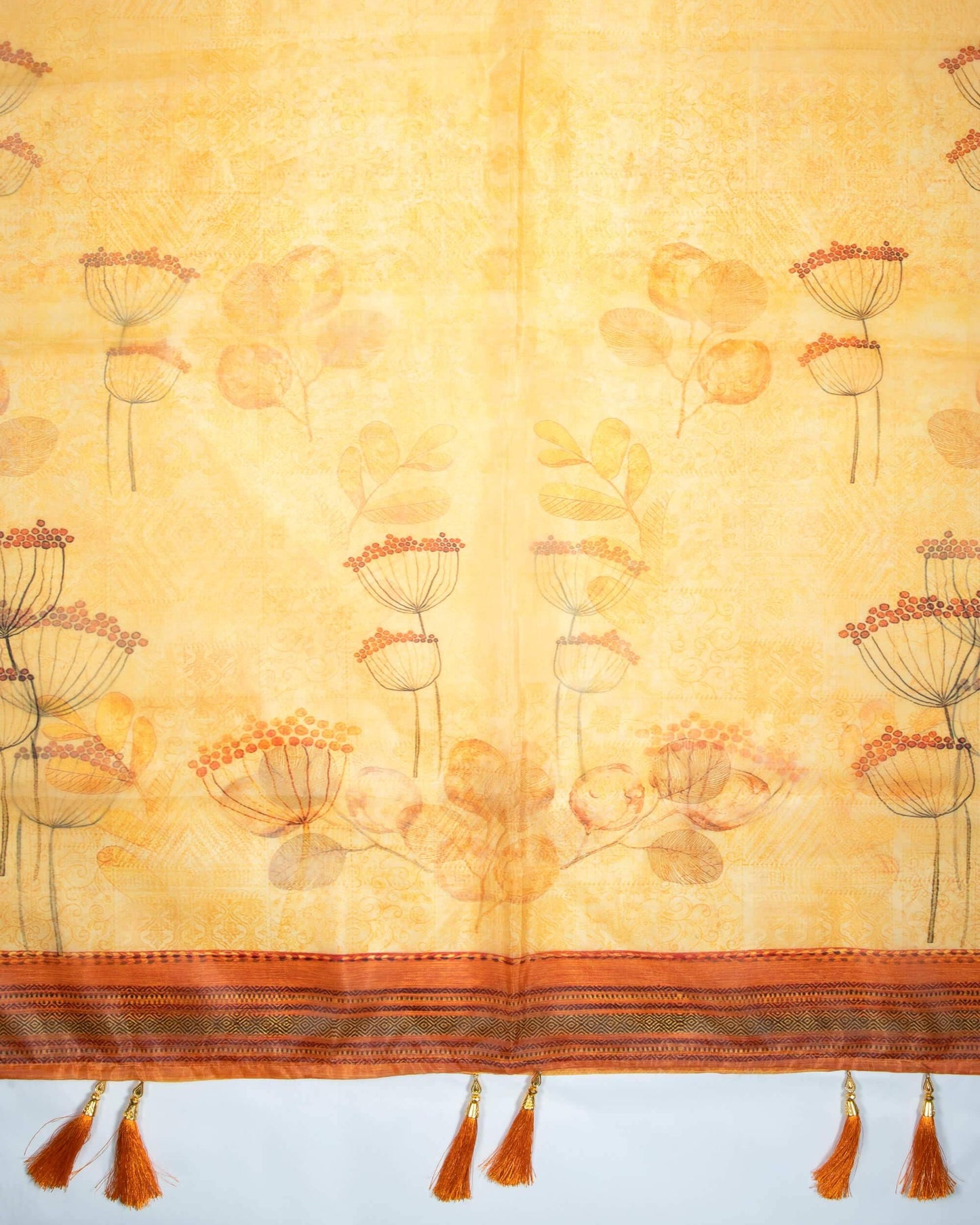 Sandstone Orange And Yellow Leaf Pattern Digital Print Premium Organza Dupatta With Tassels - Fabcurate
