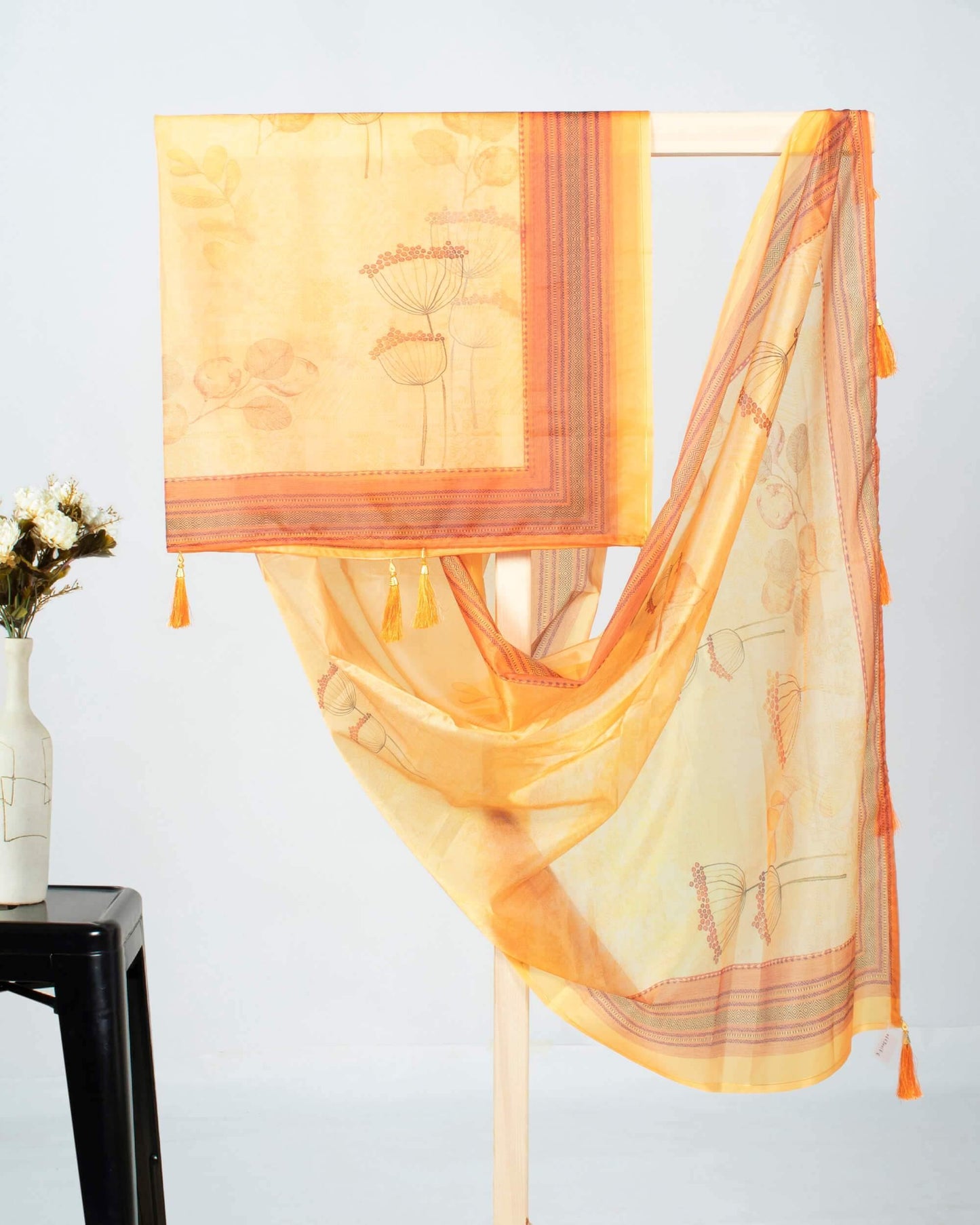 Sandstone Orange And Yellow Leaf Pattern Digital Print Premium Organza Dupatta With Tassels - Fabcurate