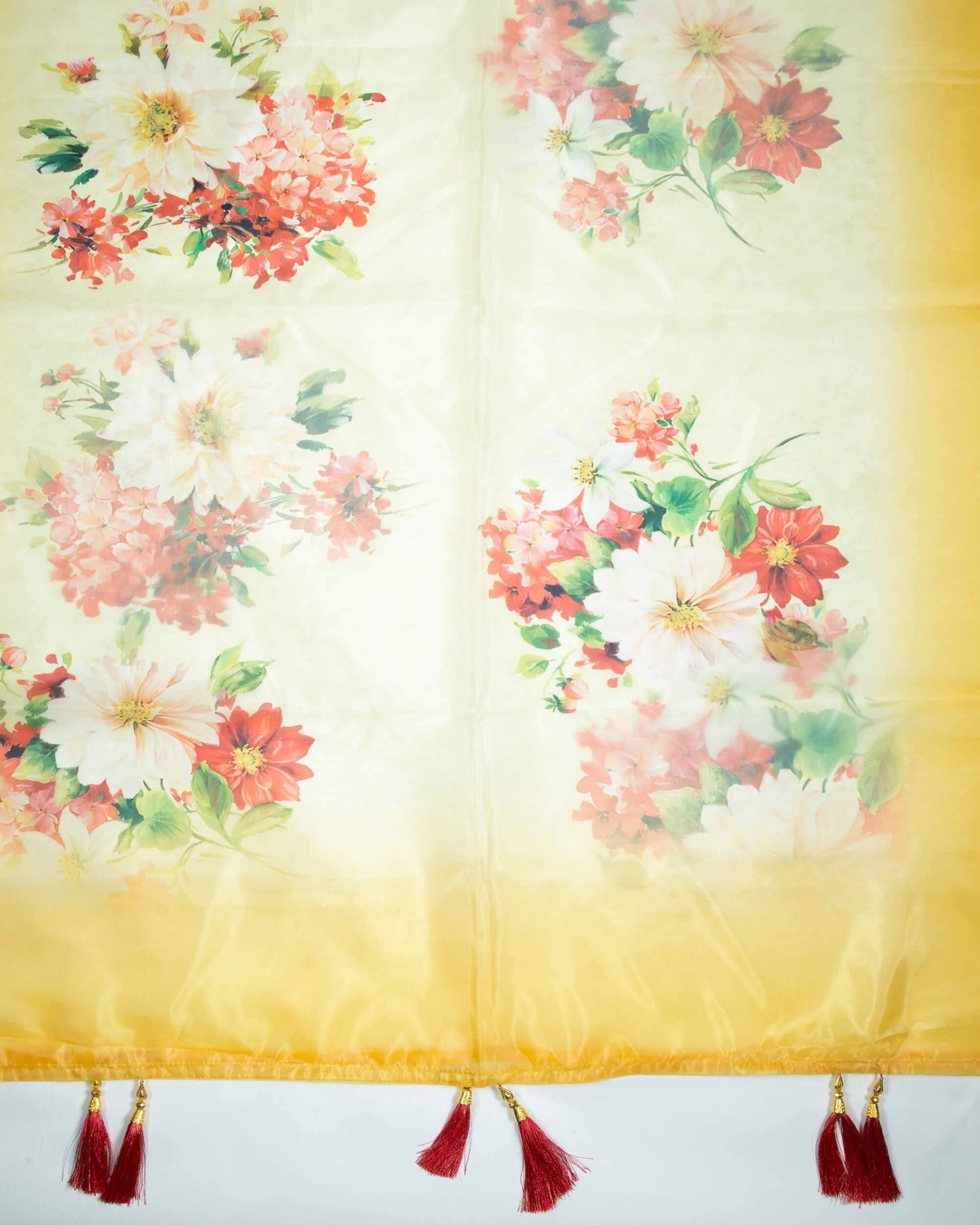 Gold Yellow And Vermilion Red Floral Pattern Digital Print Premium Organza Dupatta With Tassels - Fabcurate