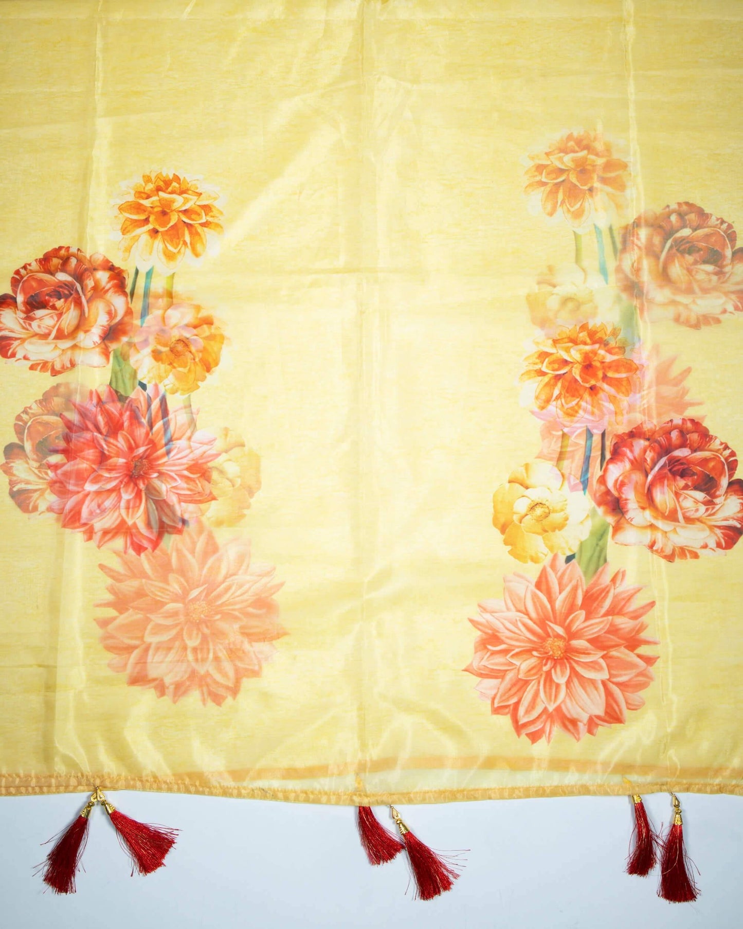 Gold Yellow And Pink Floral Pattern Digital Print Premium Organza Dupatta With Tassels - Fabcurate