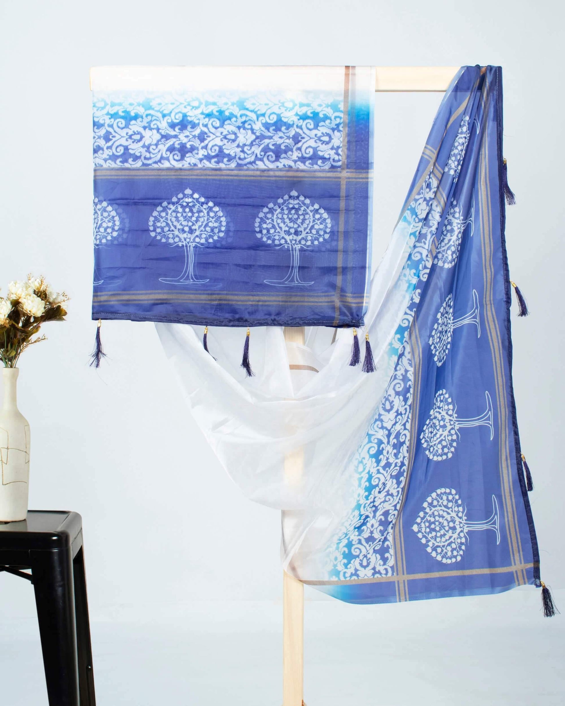 Navy Blue And White Leaf Pattern Digital Print Premium Organza Dupatta With Tassels - Fabcurate