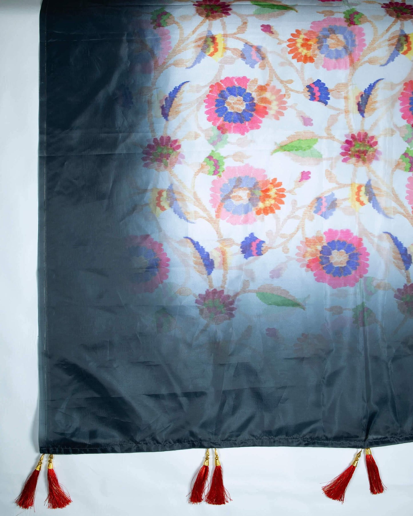 Slate Grey And Pink Floral Pattern Digital Print Premium Organza Dupatta With Tassels - Fabcurate