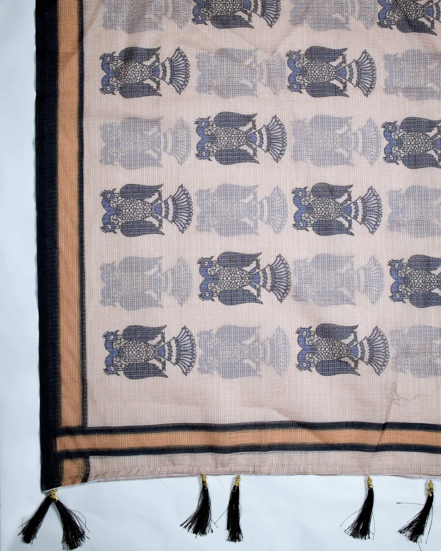 Ivory Cream And Black Quirky Pattern Digital Print Kota Doria Dupatta With Tassels - Fabcurate
