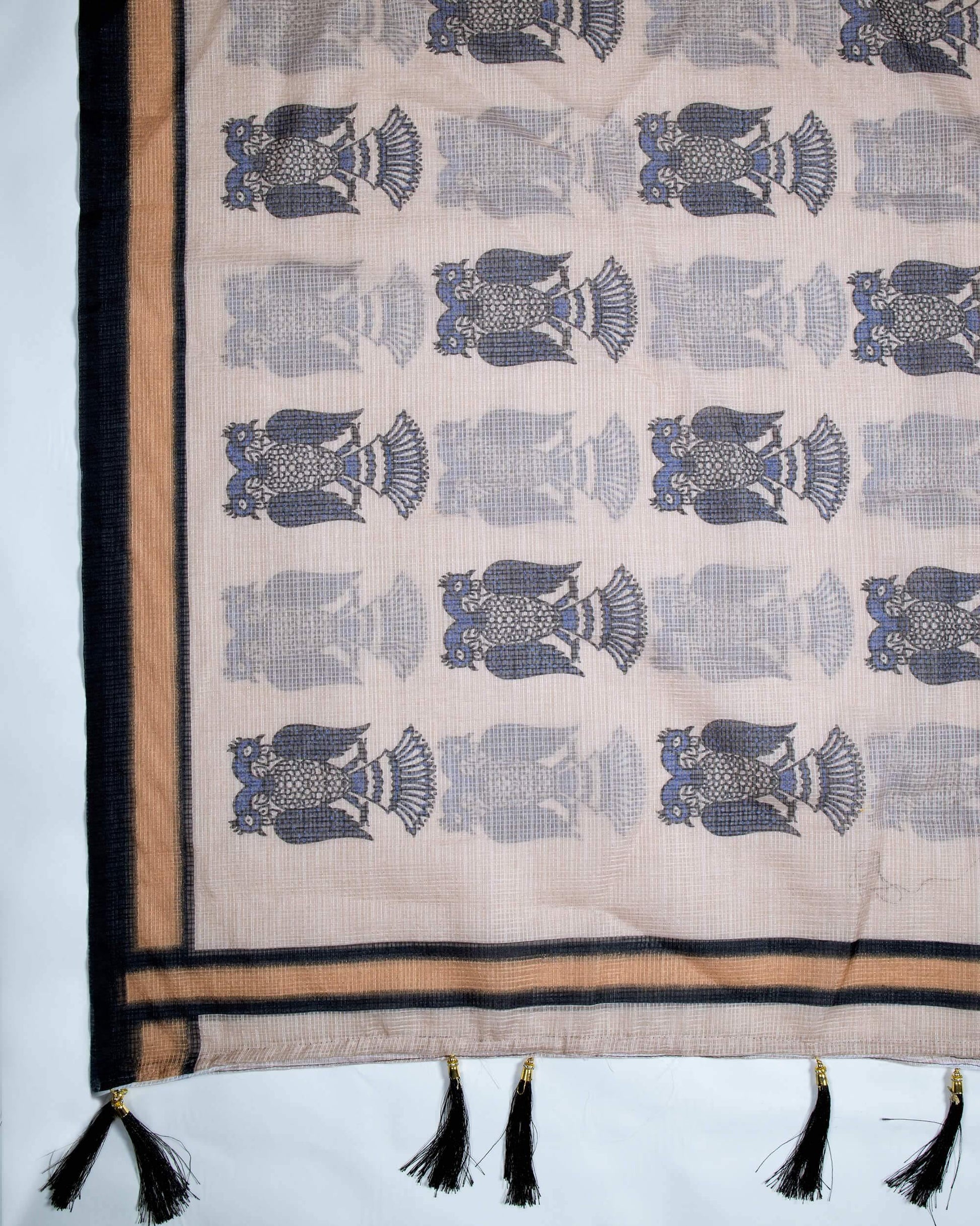 Ivory Cream And Black Quirky Pattern Digital Print Kota Doria Dupatta With Tassels - Fabcurate
