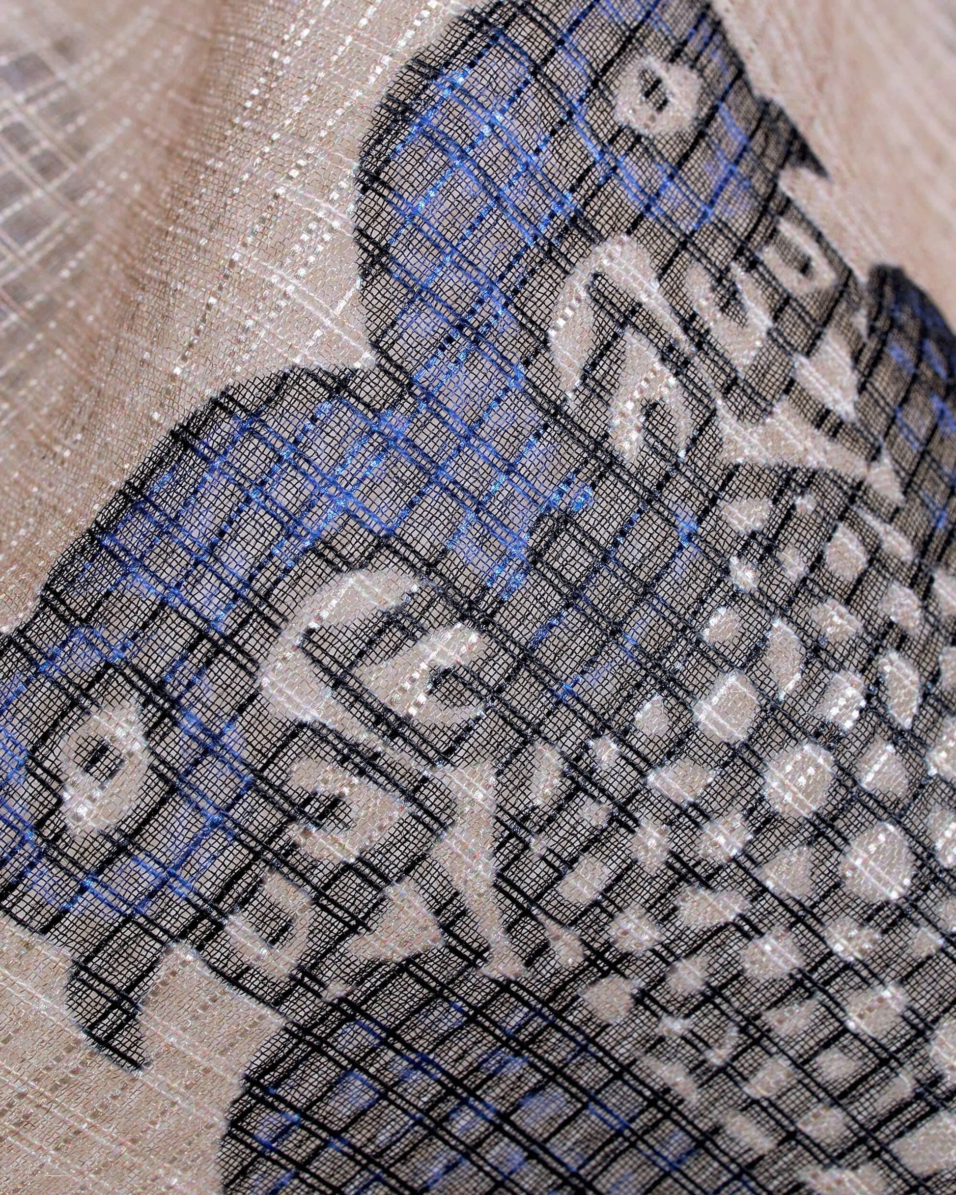 Ivory Cream And Black Quirky Pattern Digital Print Kota Doria Dupatta With Tassels - Fabcurate