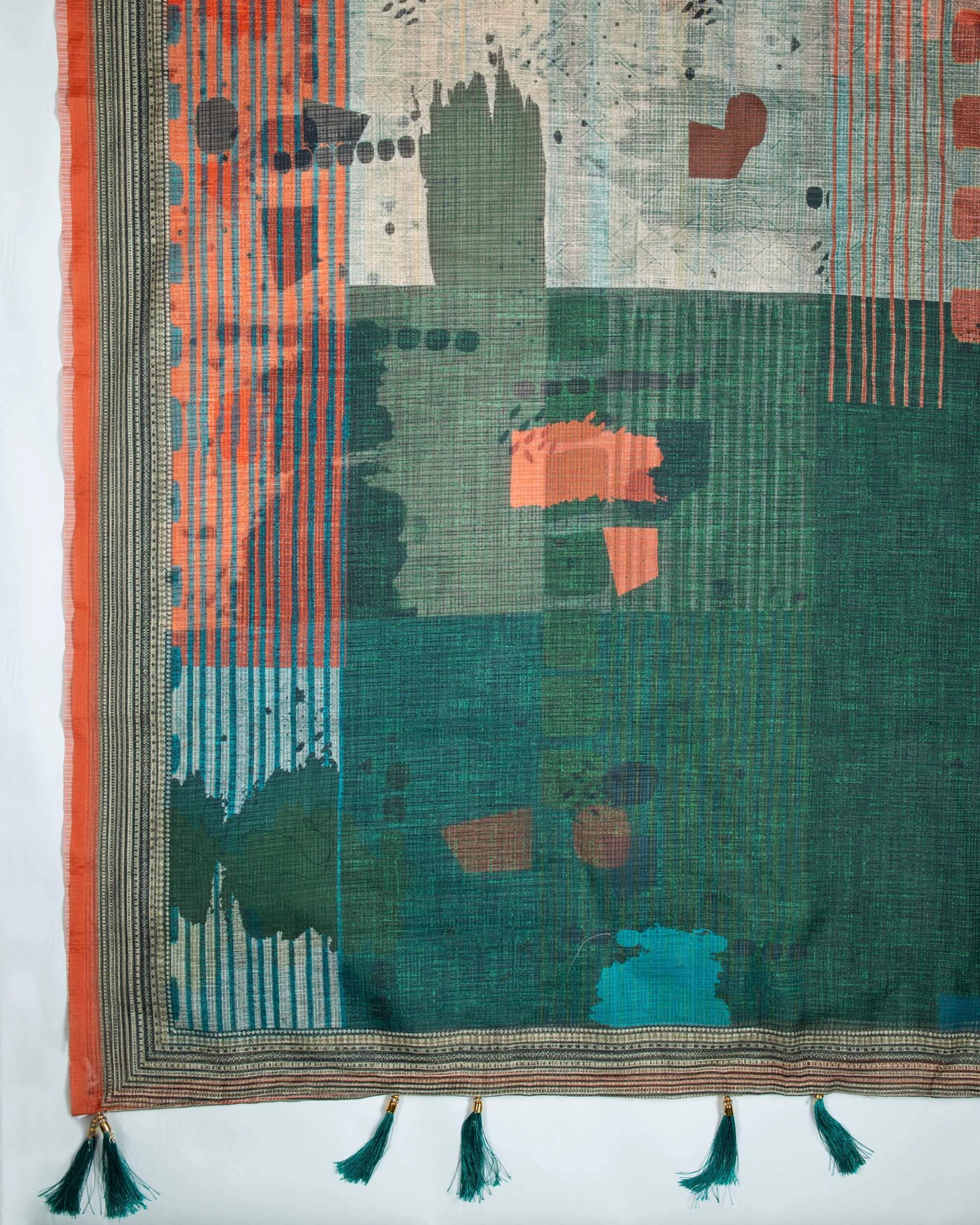 Forest Green And Black Abstract Pattern Digital Print Kota Doria Dupatta With Tassels - Fabcurate