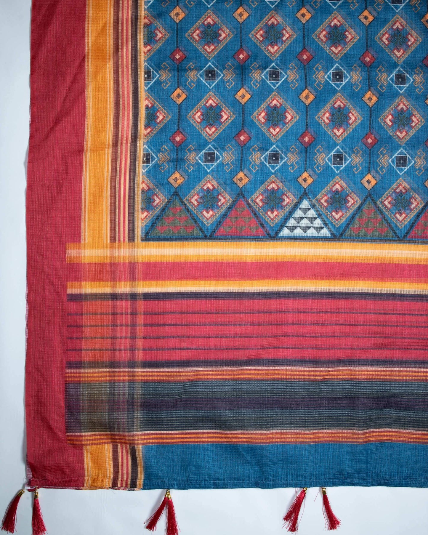 Brick Red And Azure Blue Geometric Pattern Digital Print Kota Doria Dupatta With Tassels - Fabcurate
