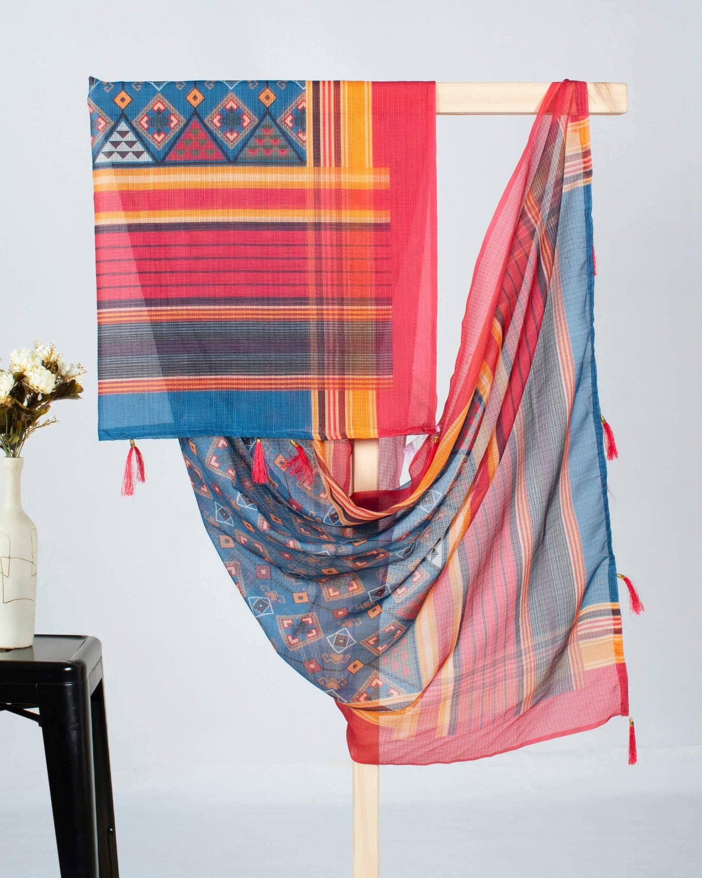 Brick Red And Azure Blue Geometric Pattern Digital Print Kota Doria Dupatta With Tassels - Fabcurate
