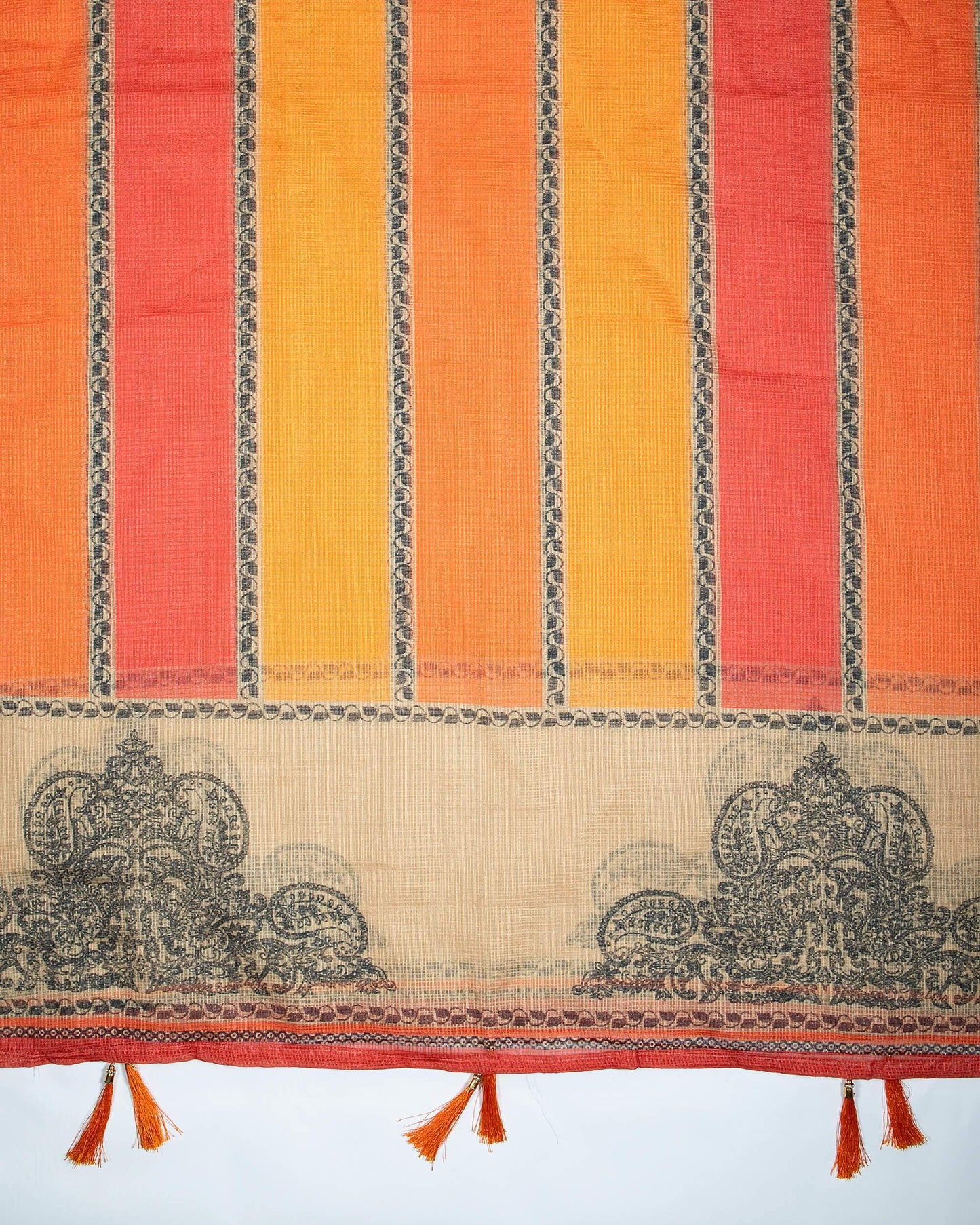 Raspberry Red And Beige Stripes Pattern Digital Print Kota Doria Dupatta With Tassels - Fabcurate