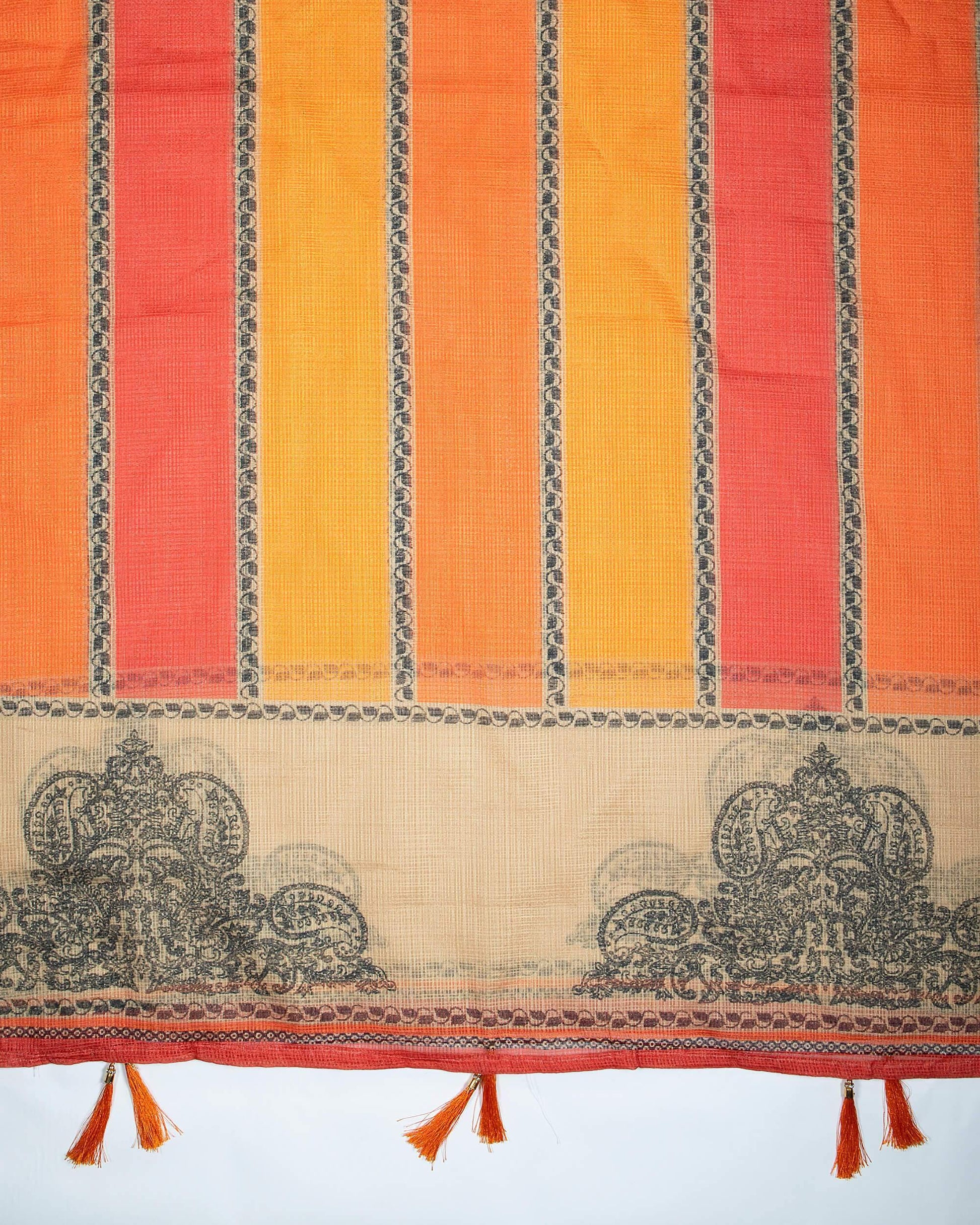 Raspberry Red And Beige Stripes Pattern Digital Print Kota Doria Dupatta With Tassels - Fabcurate