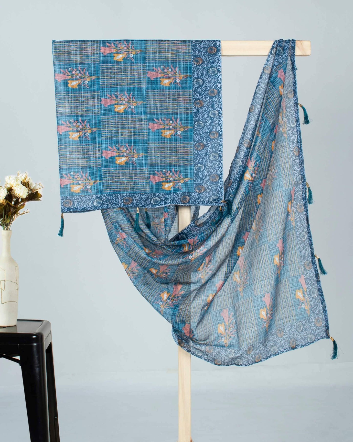 Prussian Blue And Peach Floral Pattern Digital Print Kota Doria Dupatta With Tassels - Fabcurate