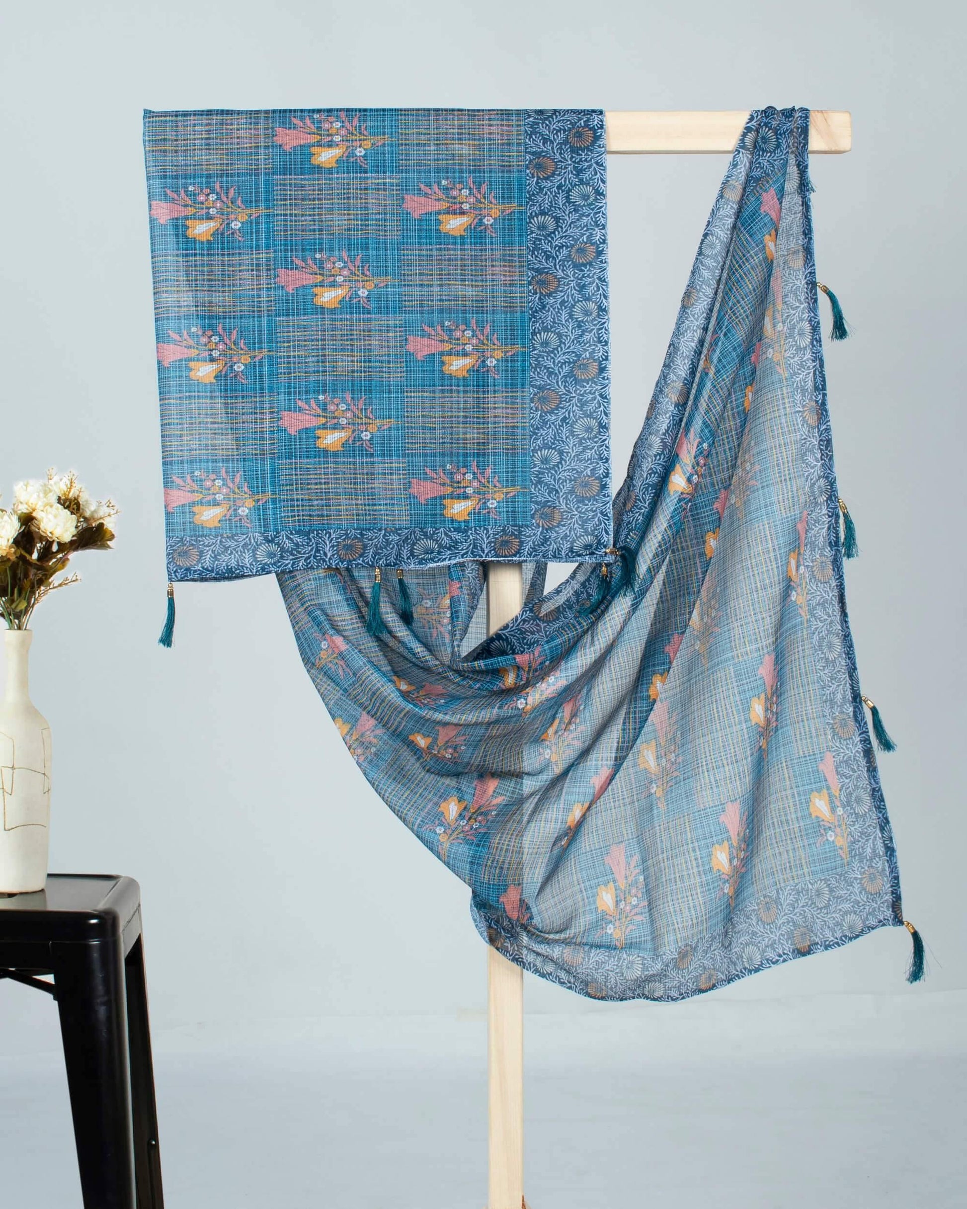 Prussian Blue And Peach Floral Pattern Digital Print Kota Doria Dupatta With Tassels - Fabcurate