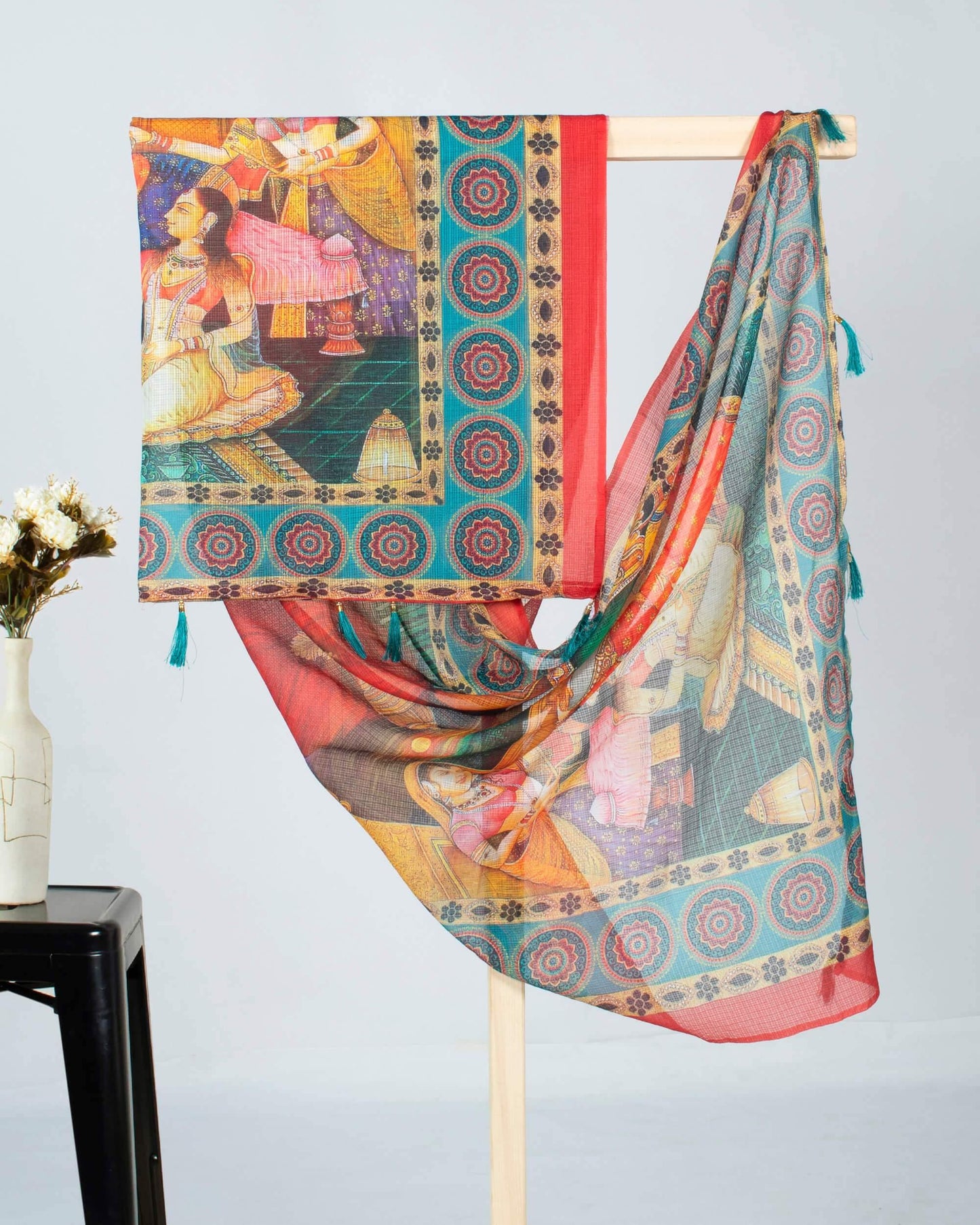 Brick Red And Sea Green Quirky Pattern Digital Print Kota Doria Dupatta With Tassels - Fabcurate