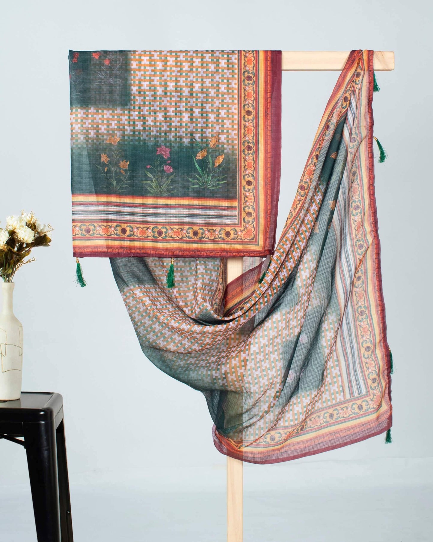 Sacremento Green And White Floral Pattern Digital Print Kota Doria Dupatta With Tassels - Fabcurate