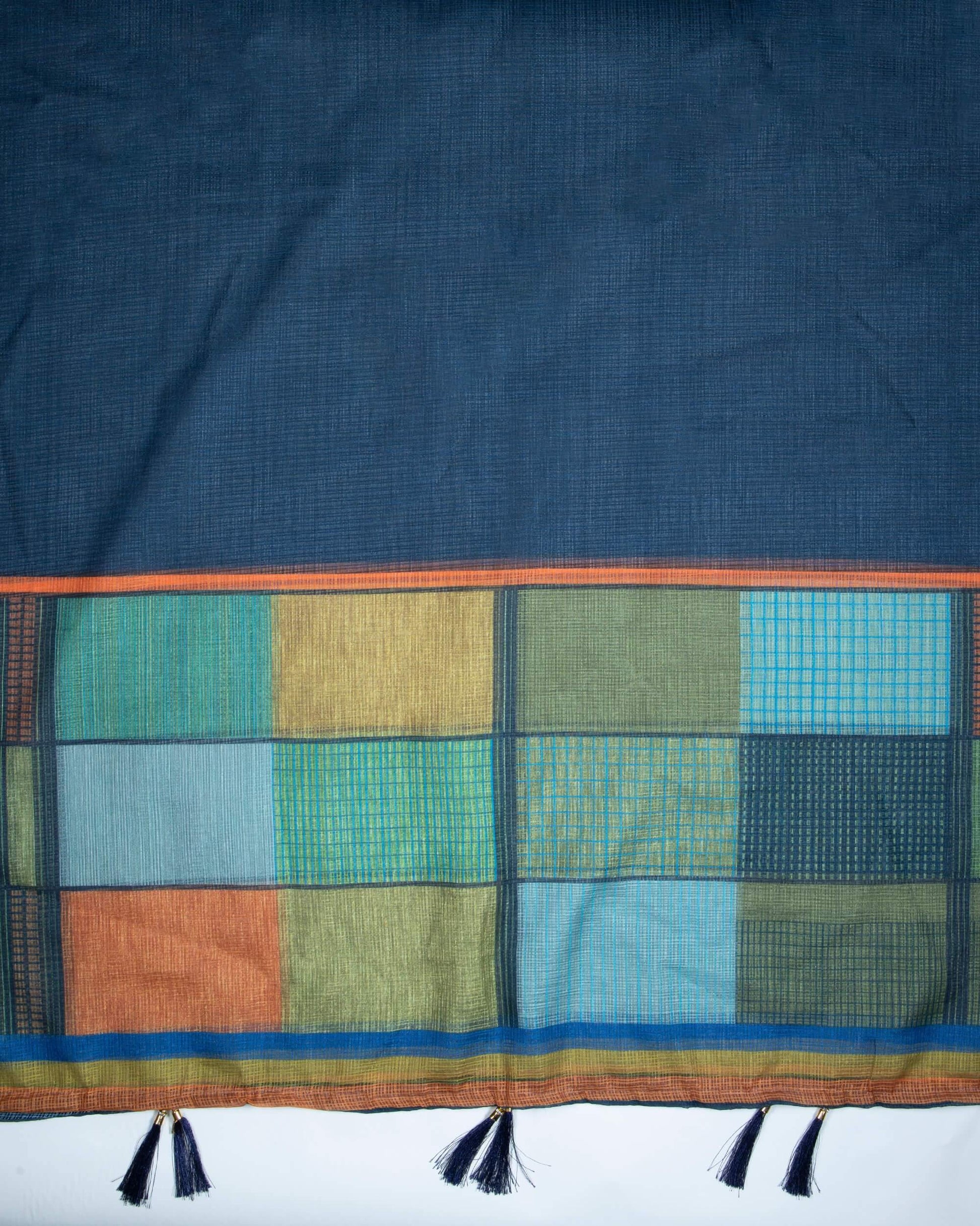 Prusiian Blue And Fire Orange Checks Pattern Digital Print Kota Doria Dupatta With Tassels - Fabcurate