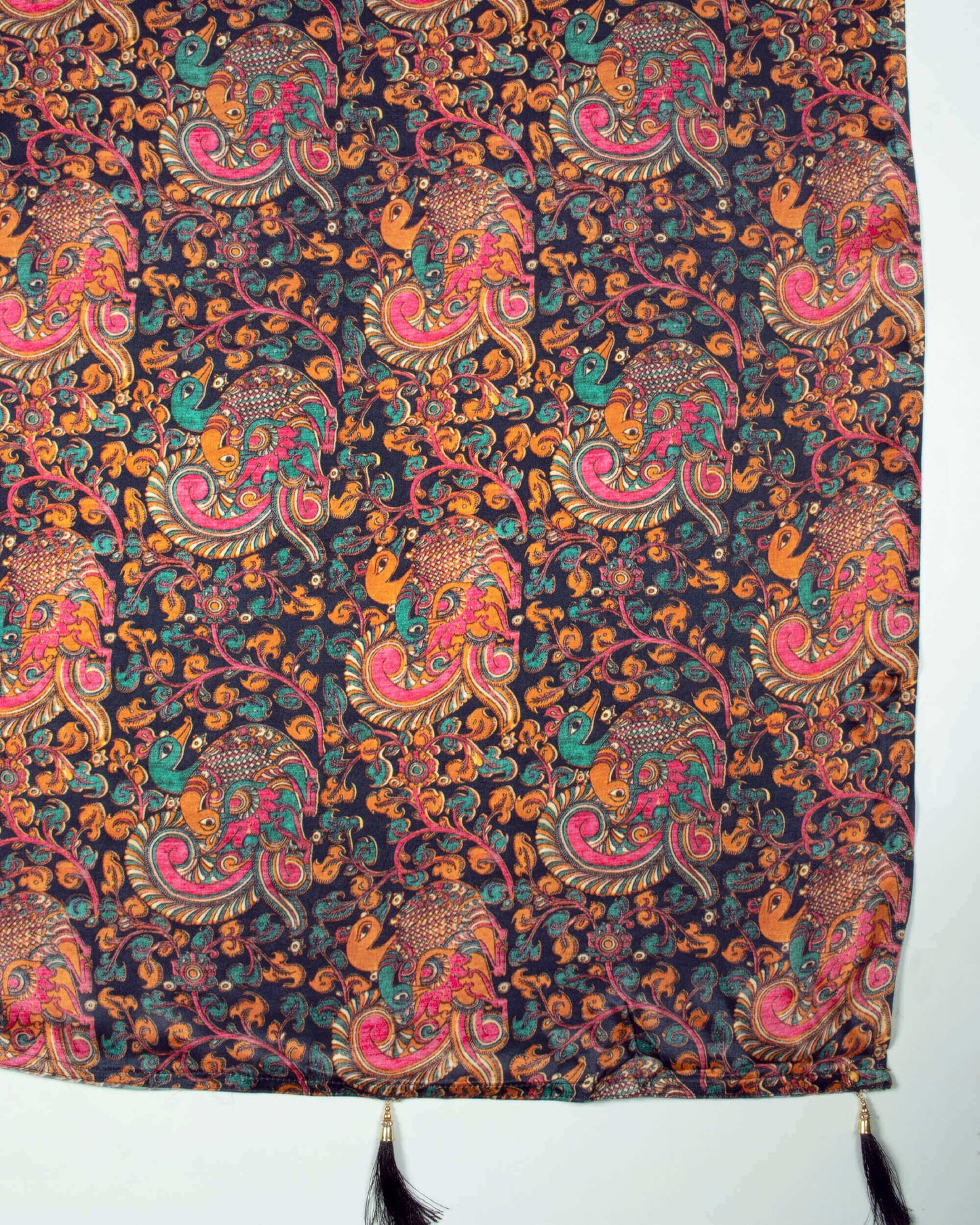 Navy Blue And Hot Pink Kalamkrii Pattern Digital Print Viscose Gaji Silk Dupatta With Tassles