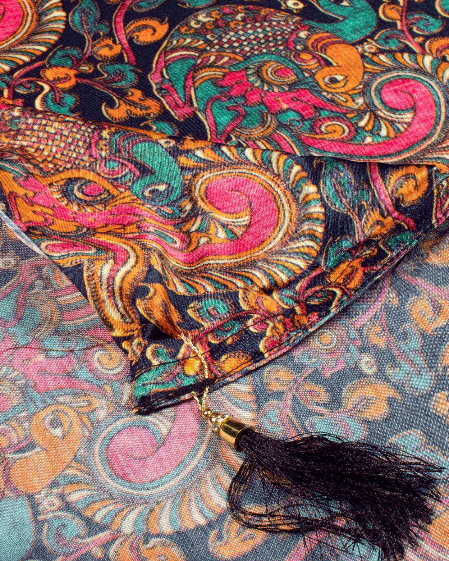 Navy Blue And Hot Pink Kalamkrii Pattern Digital Print Viscose Gaji Silk Dupatta With Tassles