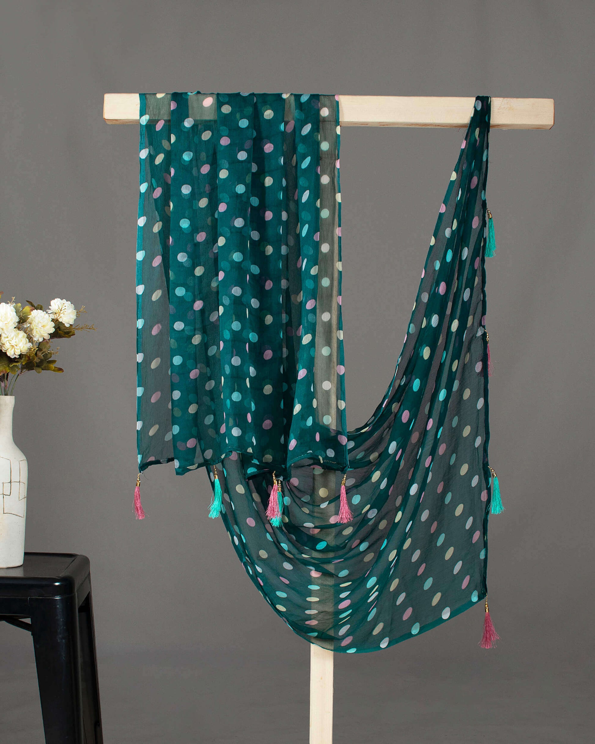 Pine Green And Pink Polka Dots Pattern Digital Print Bemberg Chiffon Dupatta With Tassels - Fabcurate