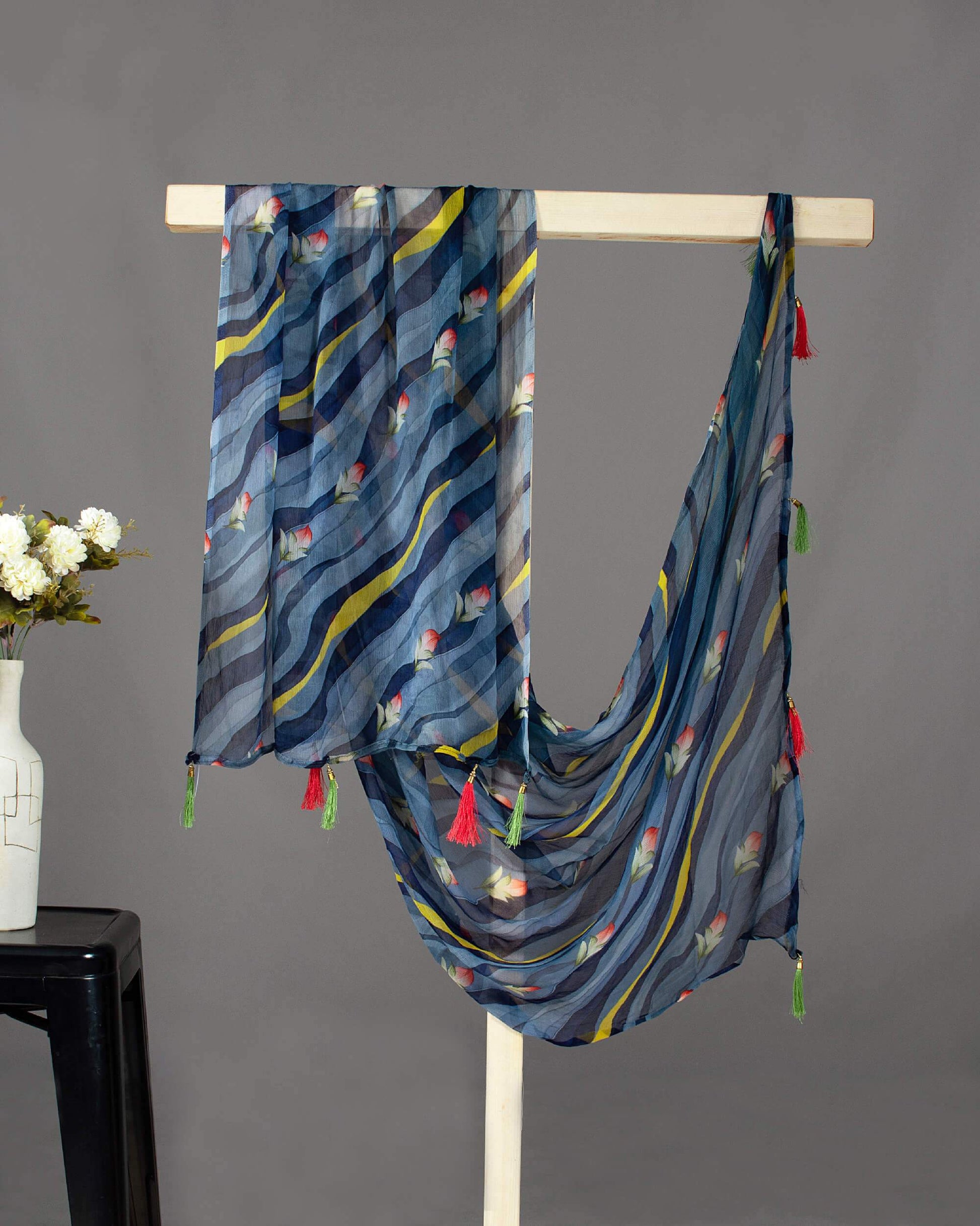 Blue And Yellow Leheriya Pattern Digital Print Bemberg Chiffon Dupatta With Tassels - Fabcurate