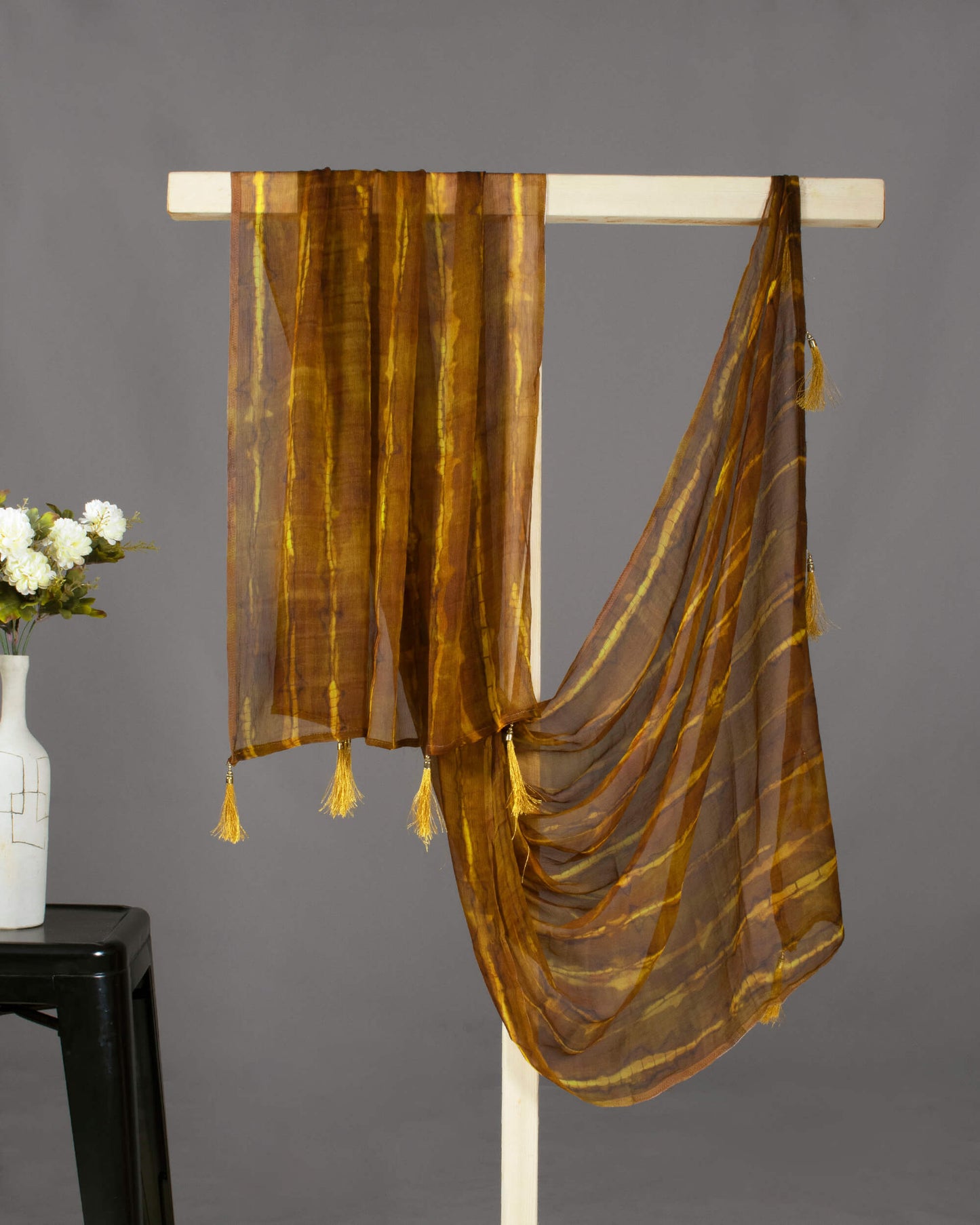 Brown And Yellow Shibori Pattern Digital Print Bemberg Chiffon Dupatta With Tassels - Fabcurate