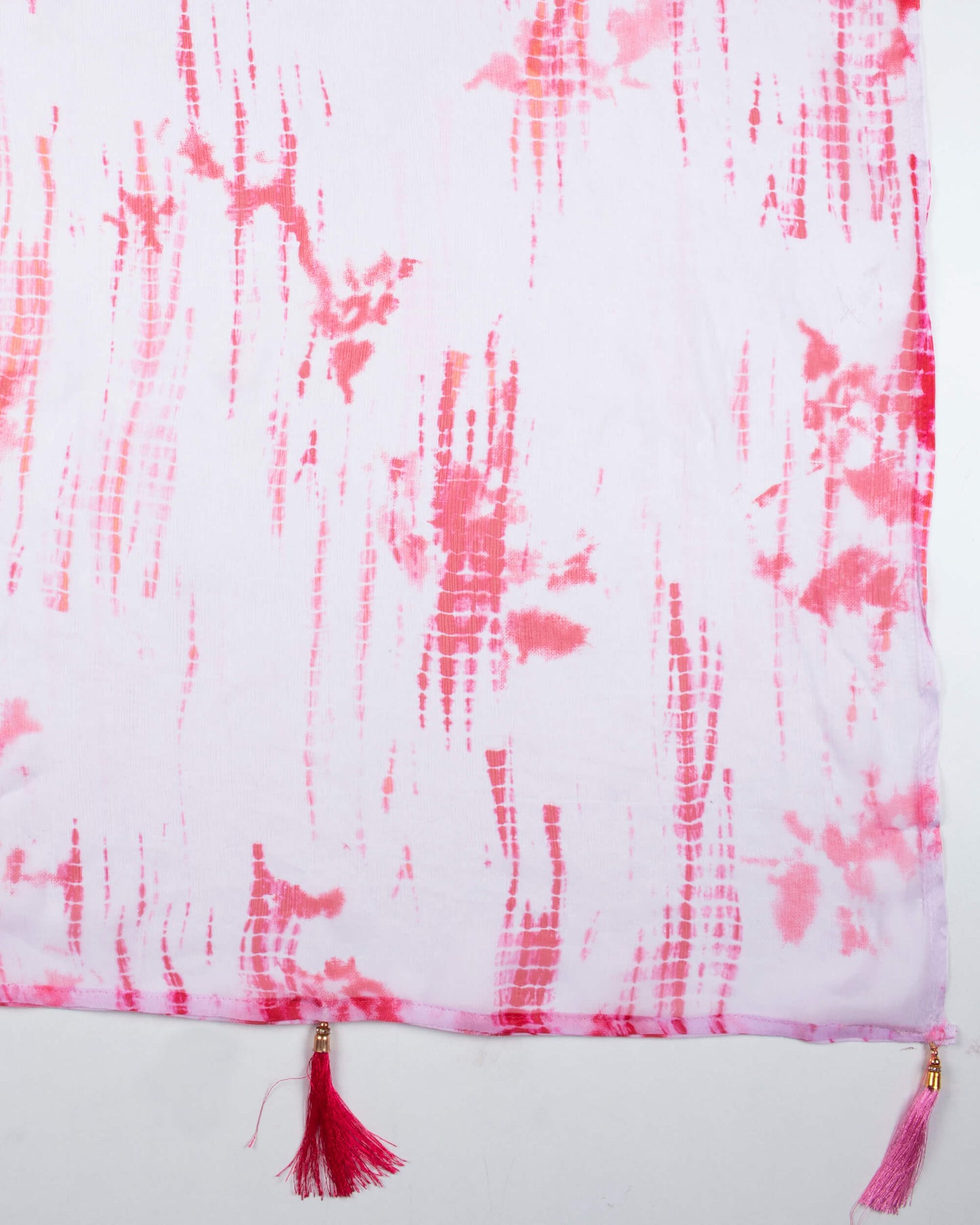 White And Pink Shibori Pattern Digital Print Bemberg Chiffon Dupatta With Tassels - Fabcurate
