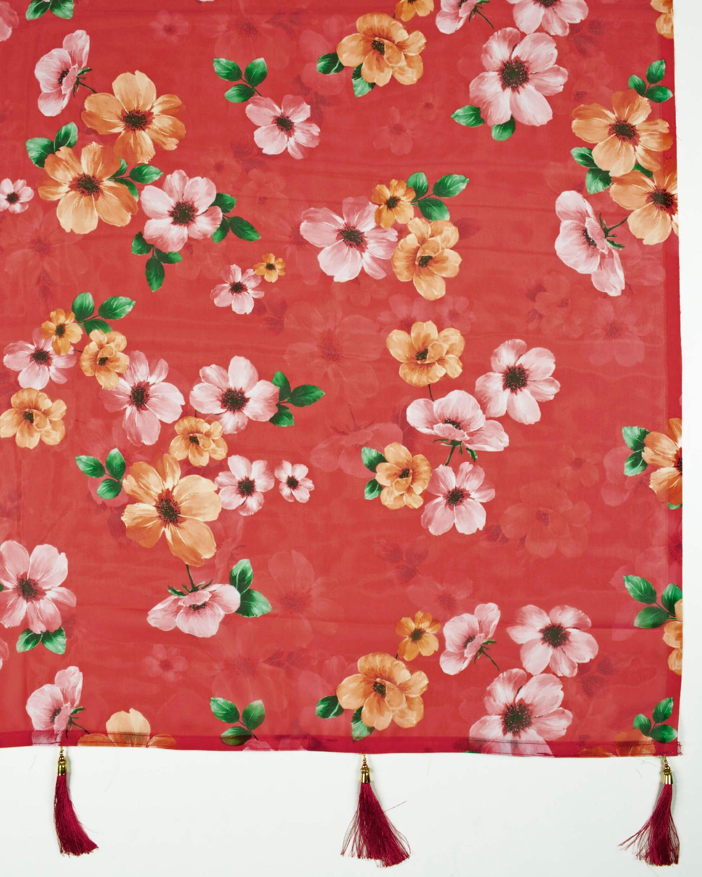 Red And Pink Floral Pattern Digital Print Georgette Dupatta With Tassels