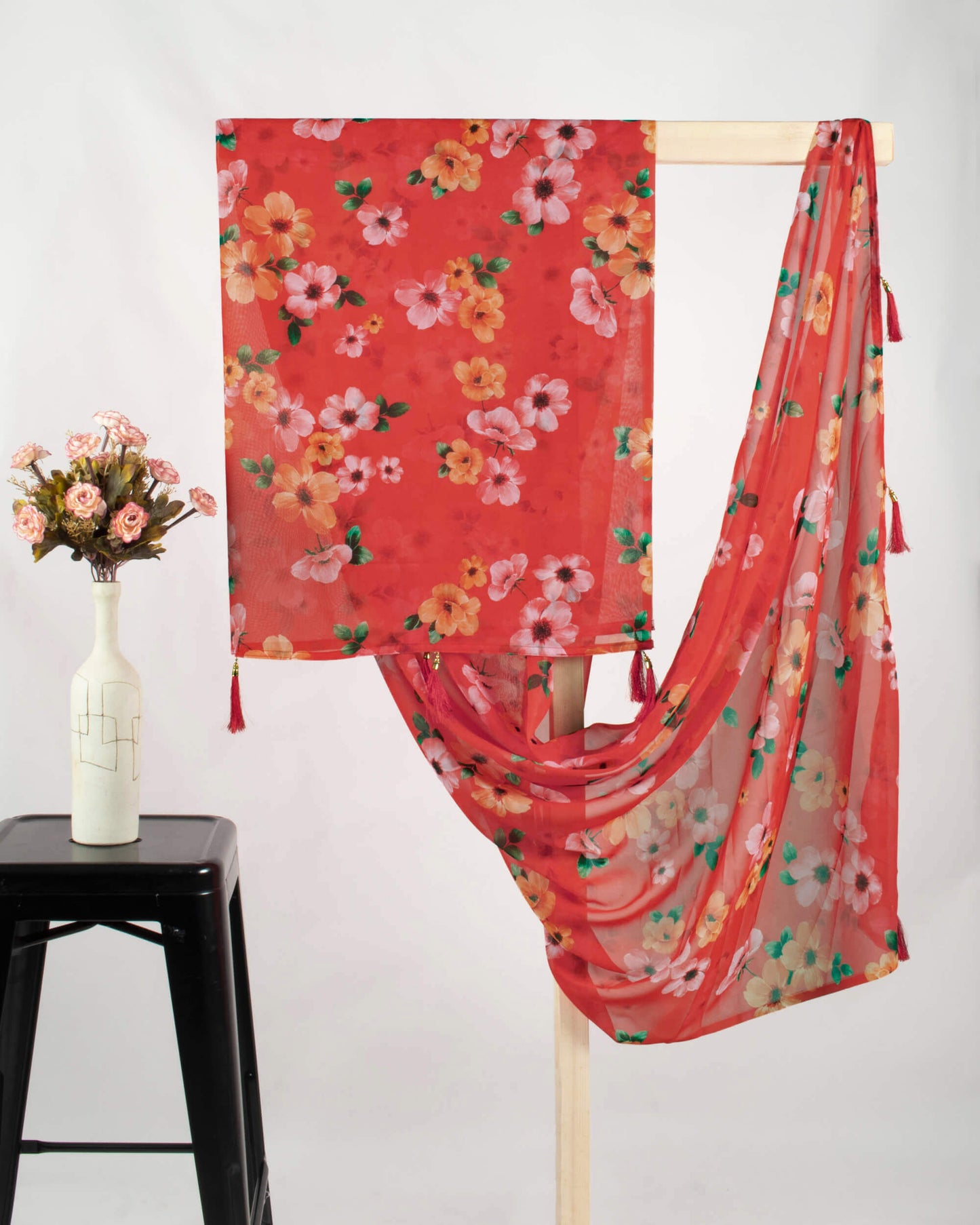 Red And Pink Floral Pattern Digital Print Georgette Dupatta With Tassels
