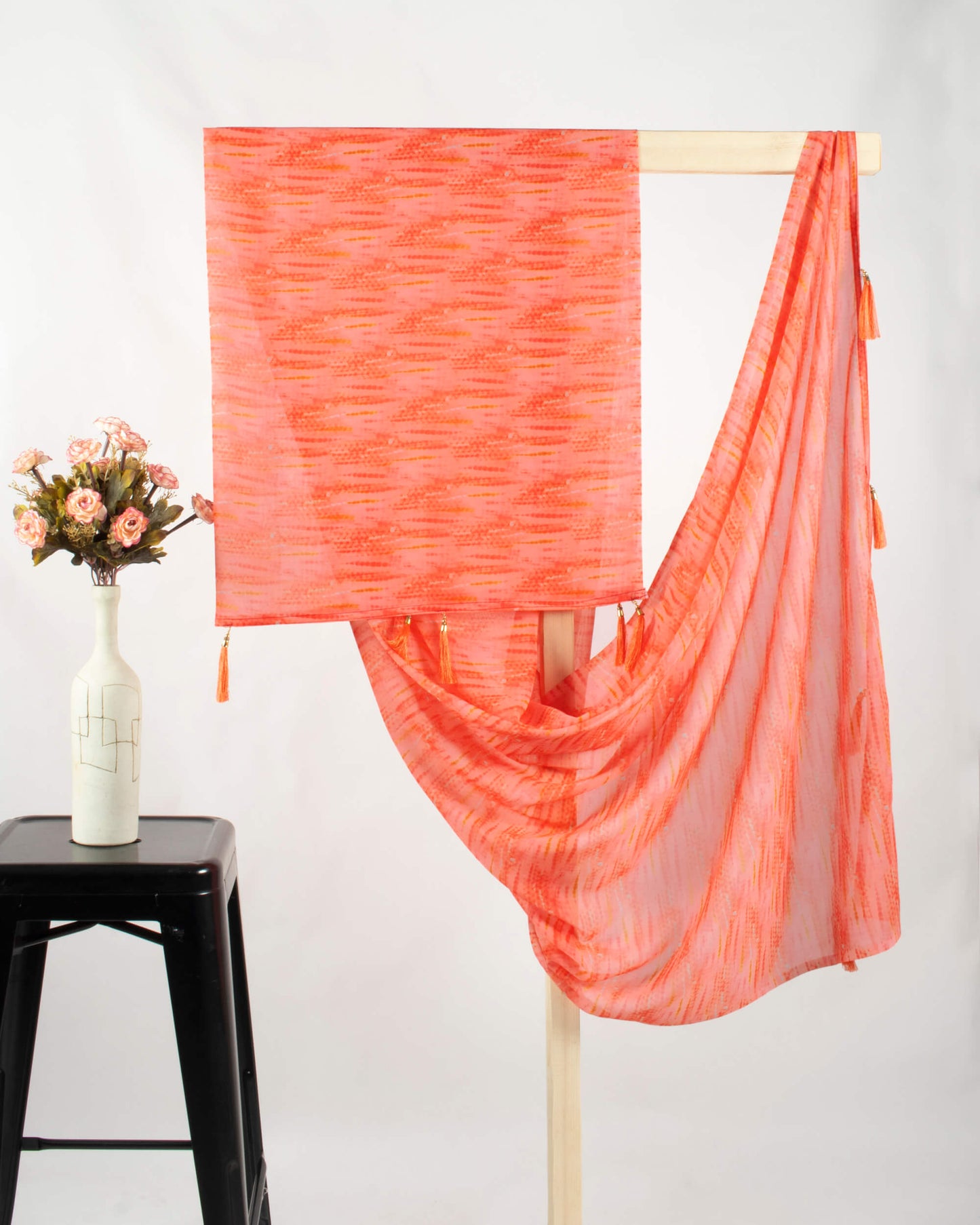 Salmon Orange Shiiborii Pattern Digital Print Georgette Dupatta With Tassels