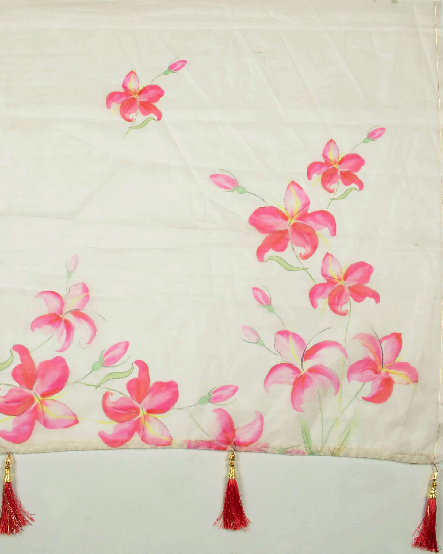 Off White And Pink Floral Pattern Digital Print Premium Organza Dupatta With Tassels - Fabcurate