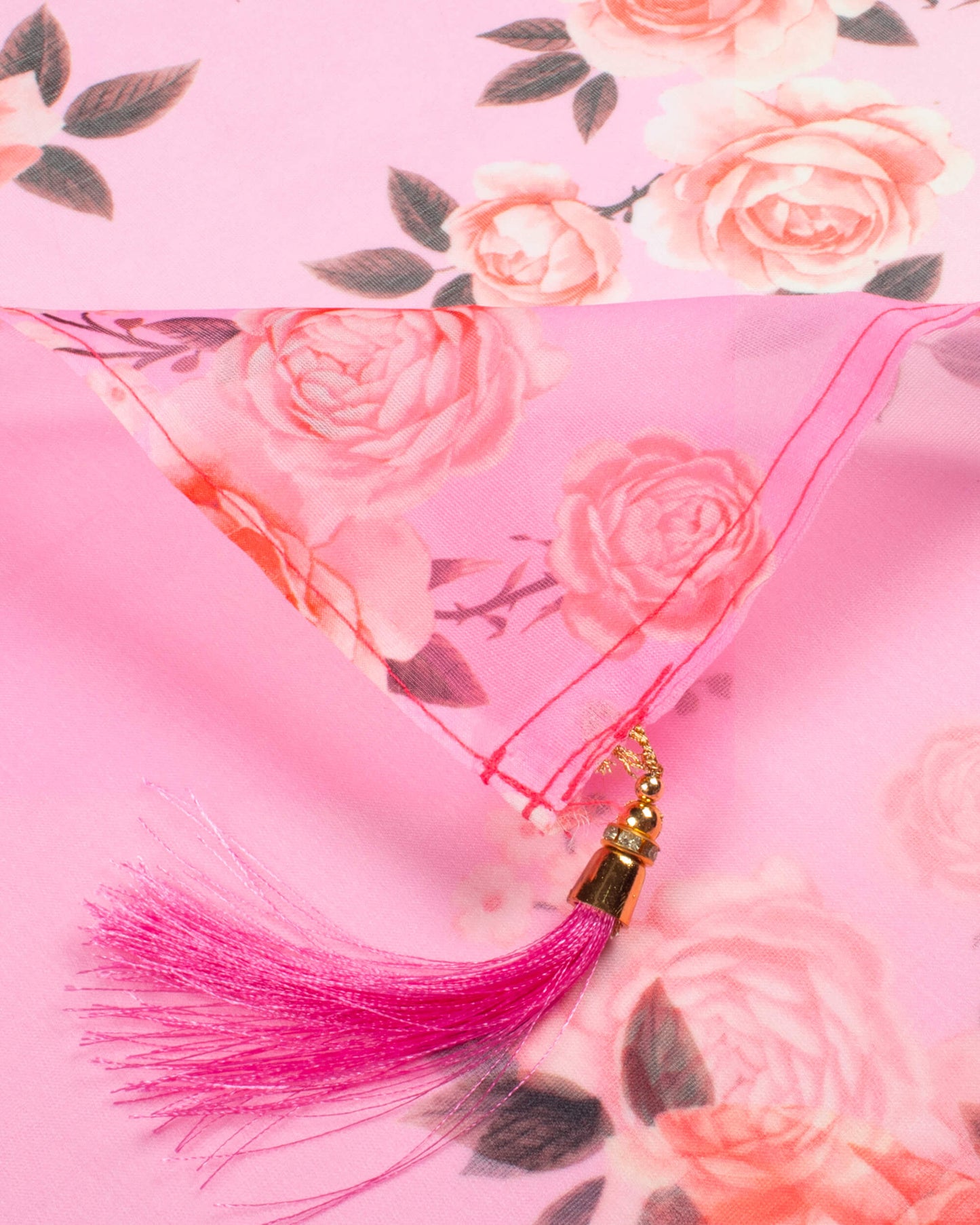 Taffy Pink And Brown Floral Pattern Digital Print Organza Dupatta With Tassels