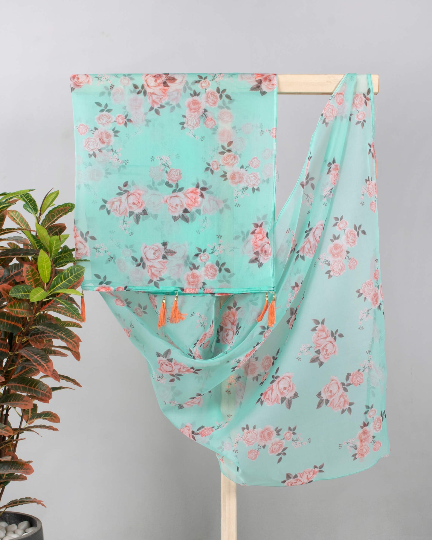 Celeste Blue And Pink Floral Pattern Digital Print Organza Dupatta With Tassels