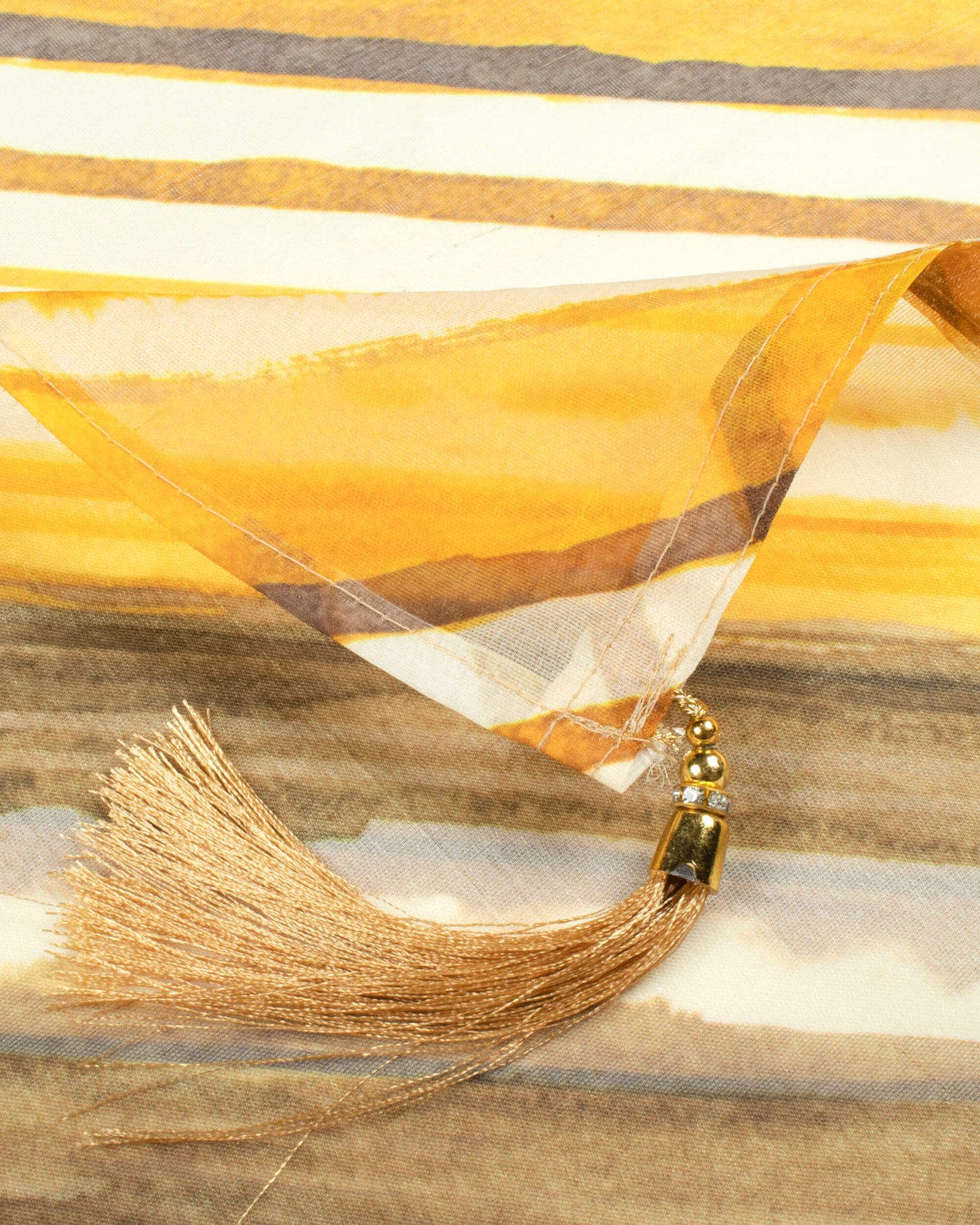 Dijon Yellow And White Leheriya Pattern Digital Print Organza Dupatta With Tassels