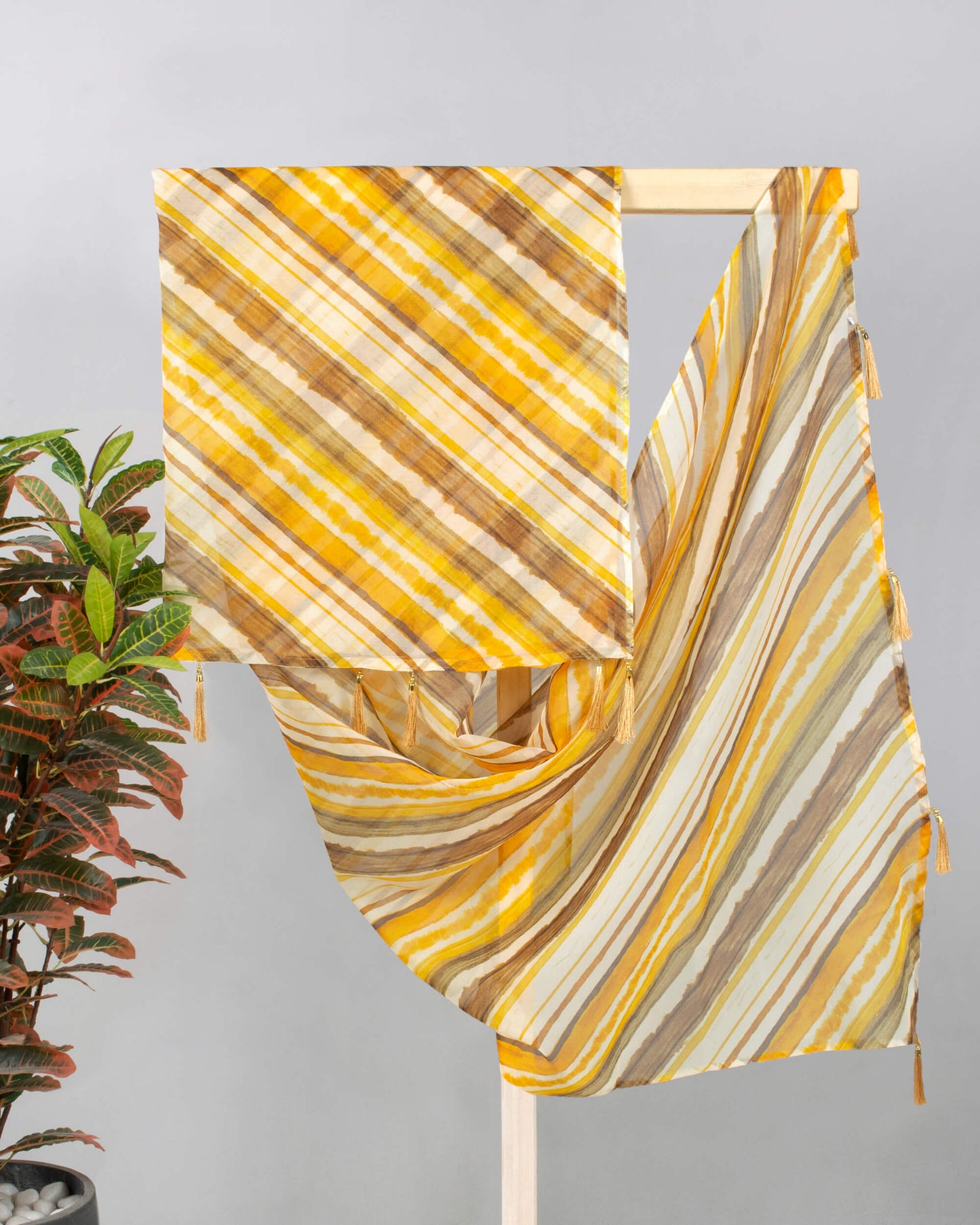 Dijon Yellow And White Leheriya Pattern Digital Print Organza Dupatta With Tassels