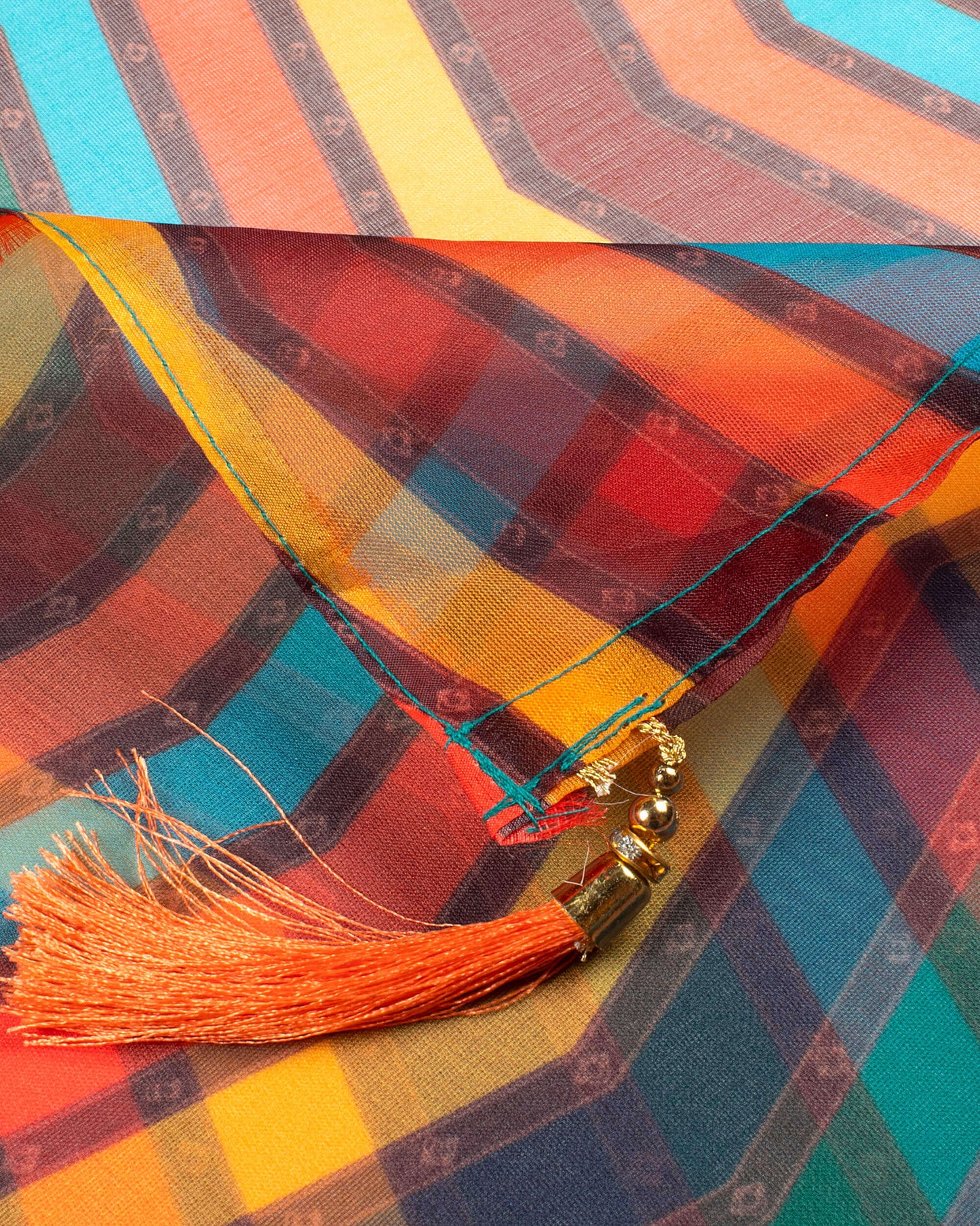 Multi- Color Chevron Pattern Digital Print Organza Dupatta With Tassels
