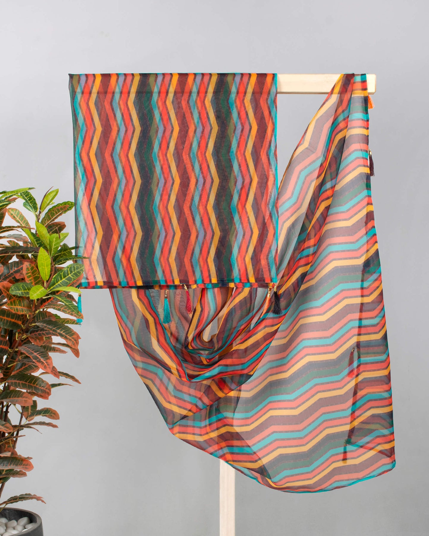 Multi- Color Chevron Pattern Digital Print Organza Dupatta With Tassels