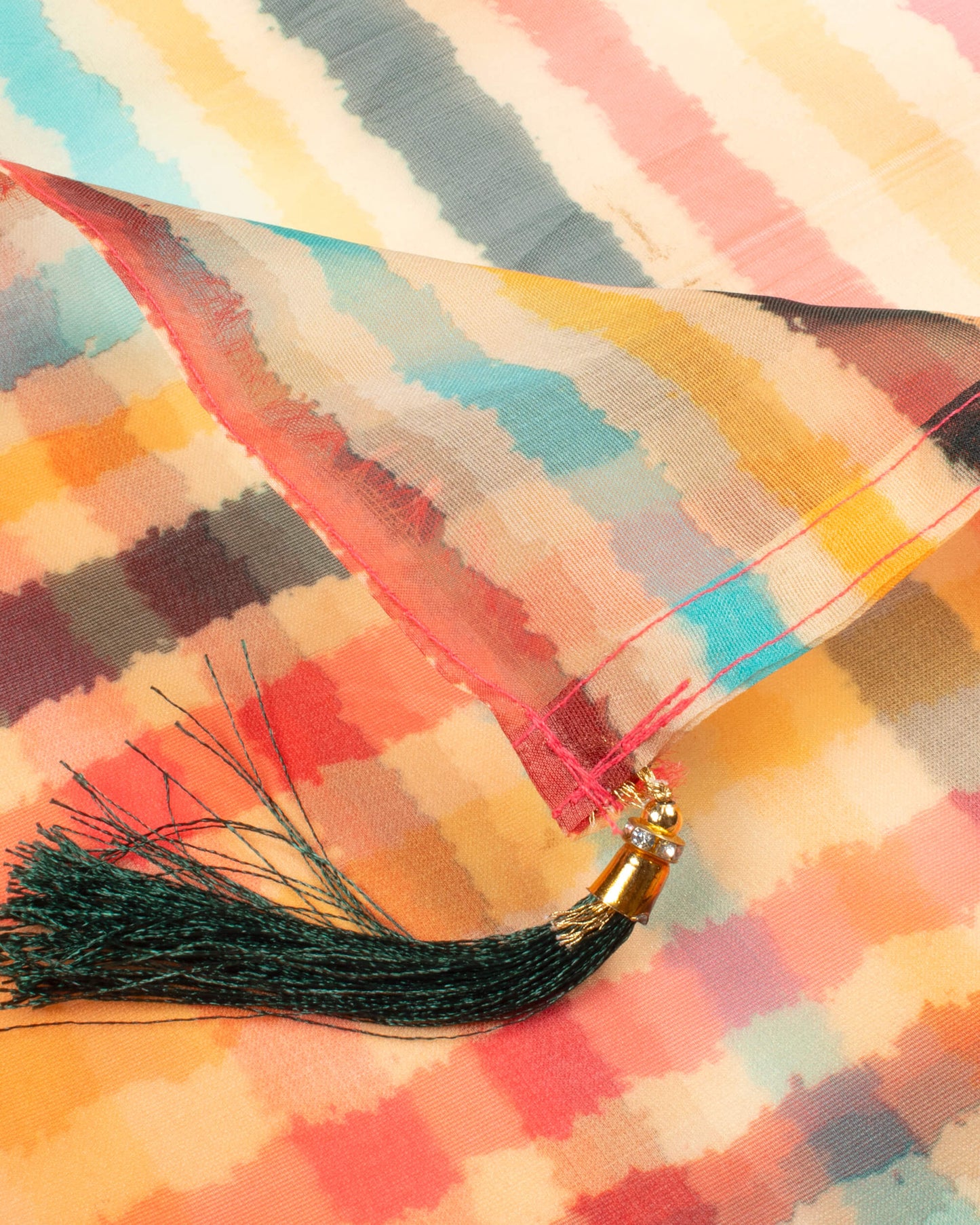 Yellow And Red Stripes Pattern Digital Print Organza Dupatta With Tassels