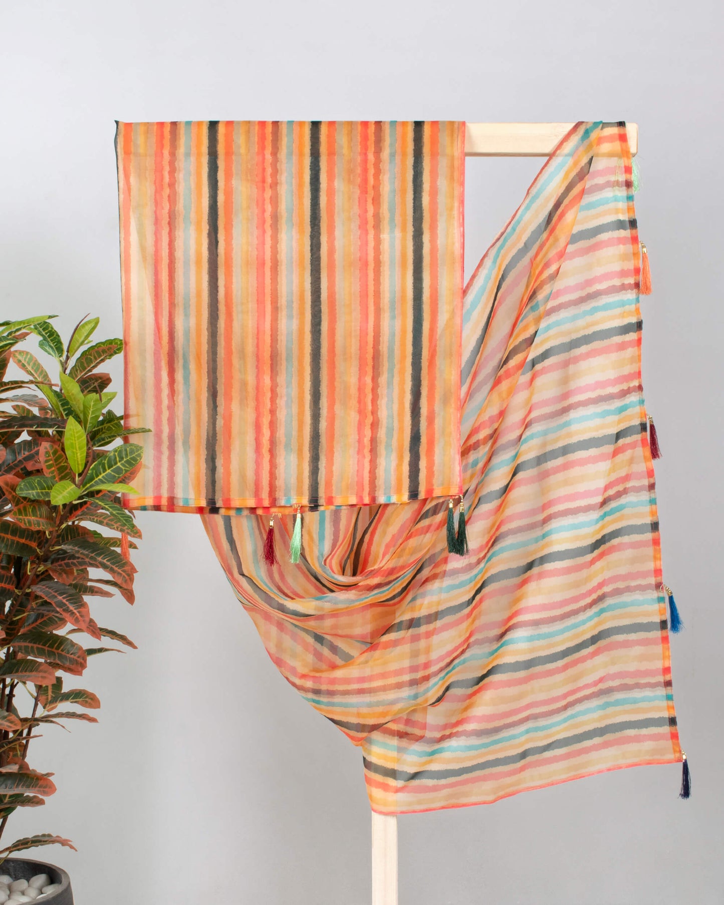 Yellow And Red Stripes Pattern Digital Print Organza Dupatta With Tassels
