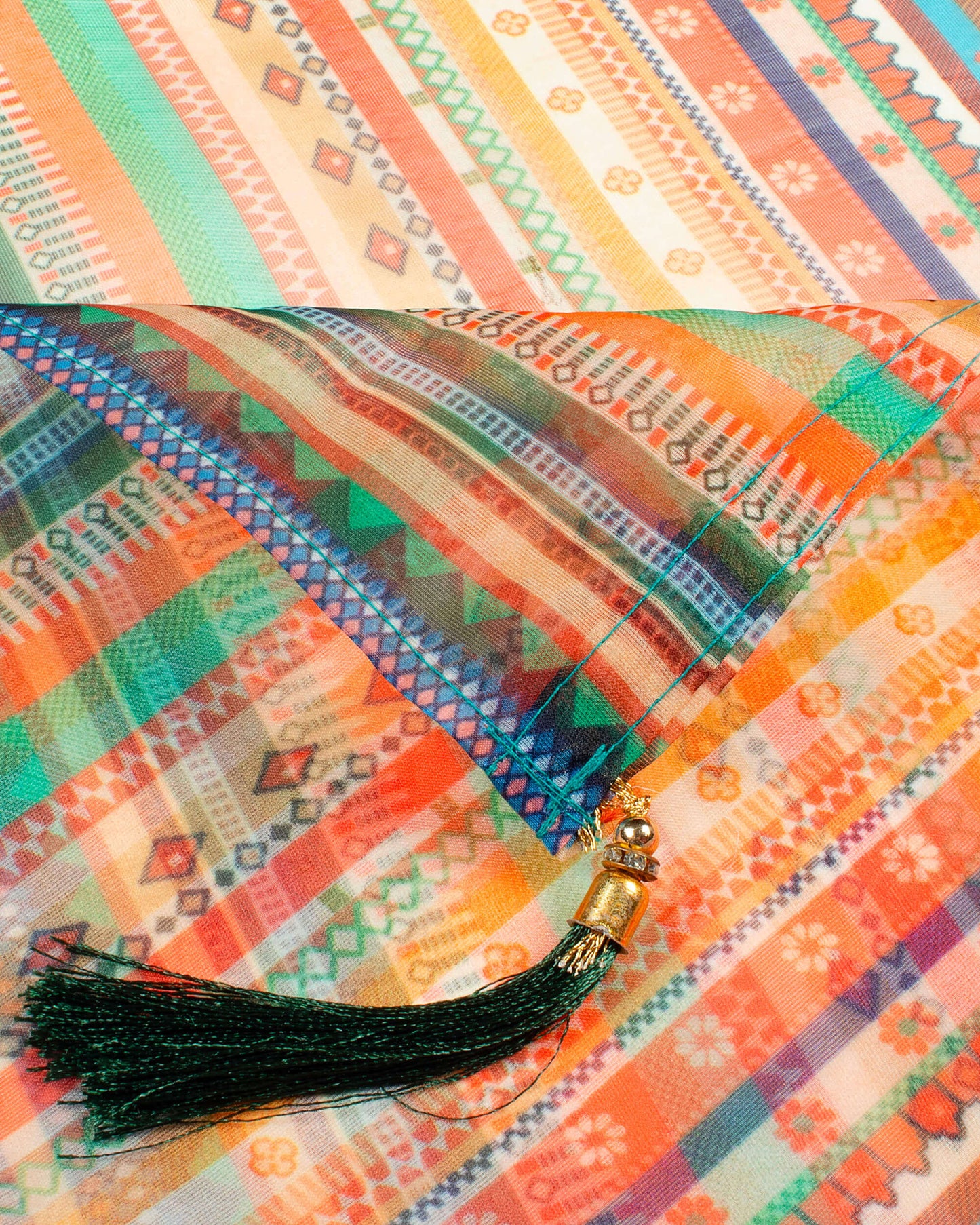 Multi-Color Stripes Pattern Digital Print Organza Dupatta With Tassels