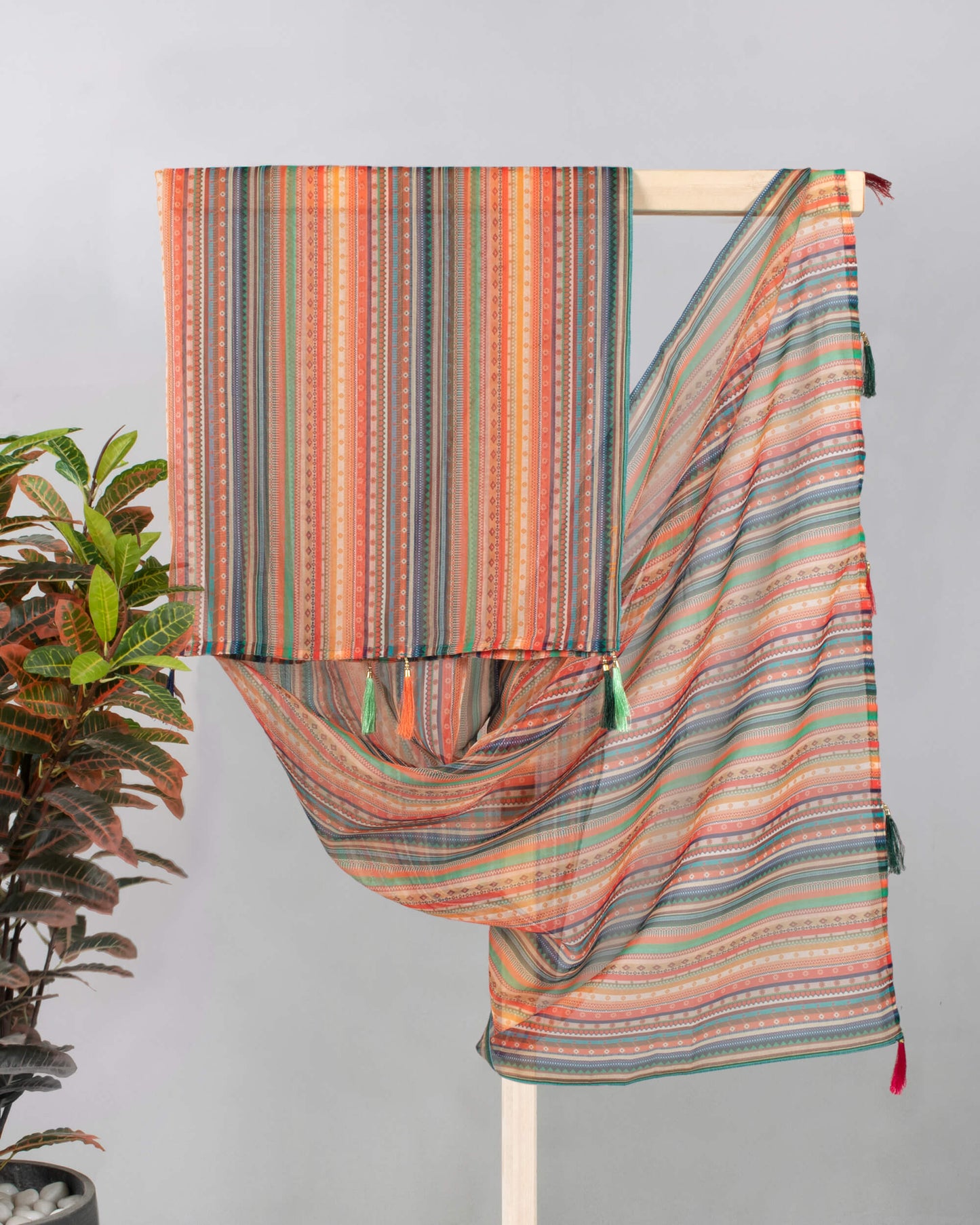 Multi-Color Stripes Pattern Digital Print Organza Dupatta With Tassels