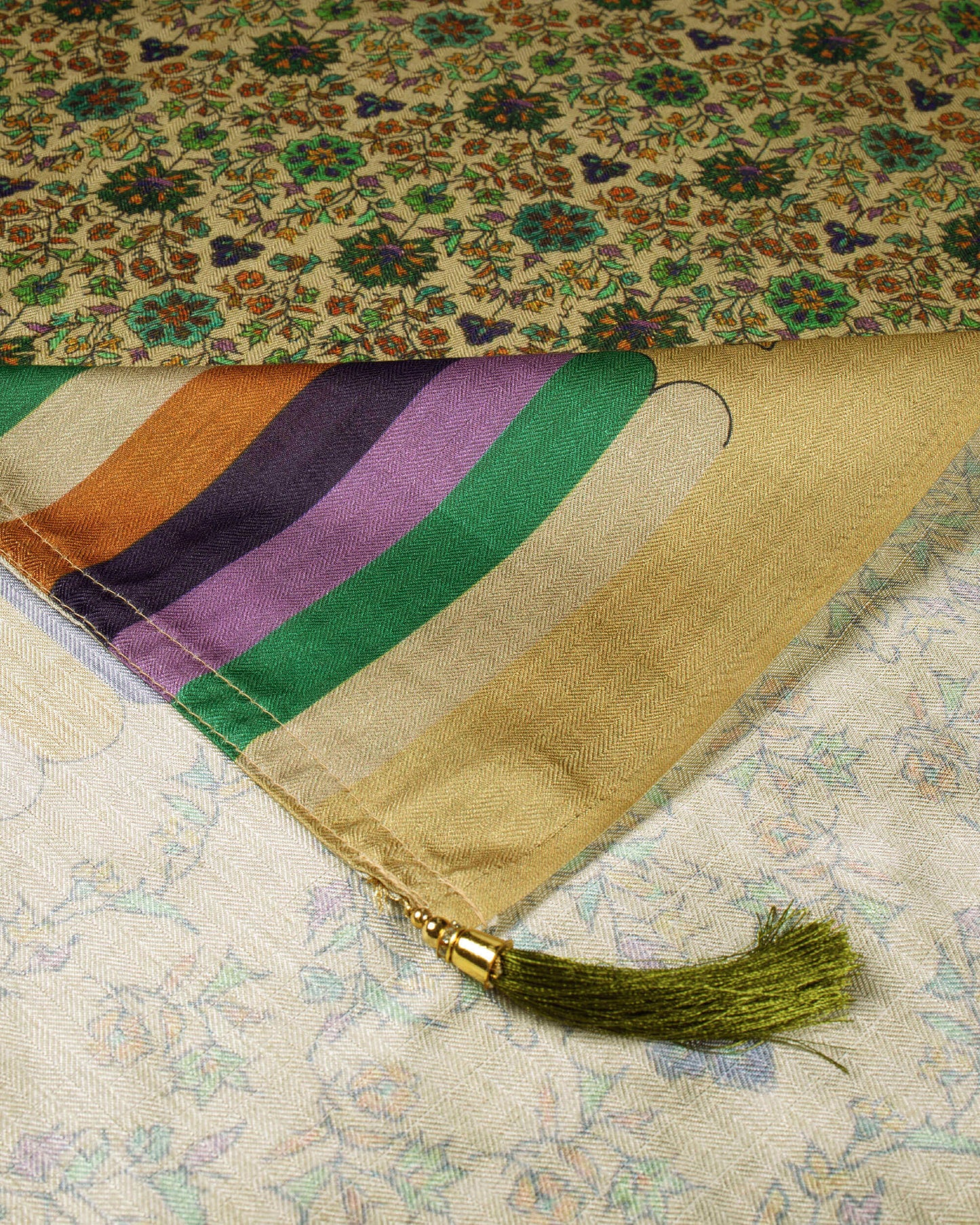 Flaxen Yellow And Green Floral Pattern Digital Print Gadwal Silk Dupatta With Tassels