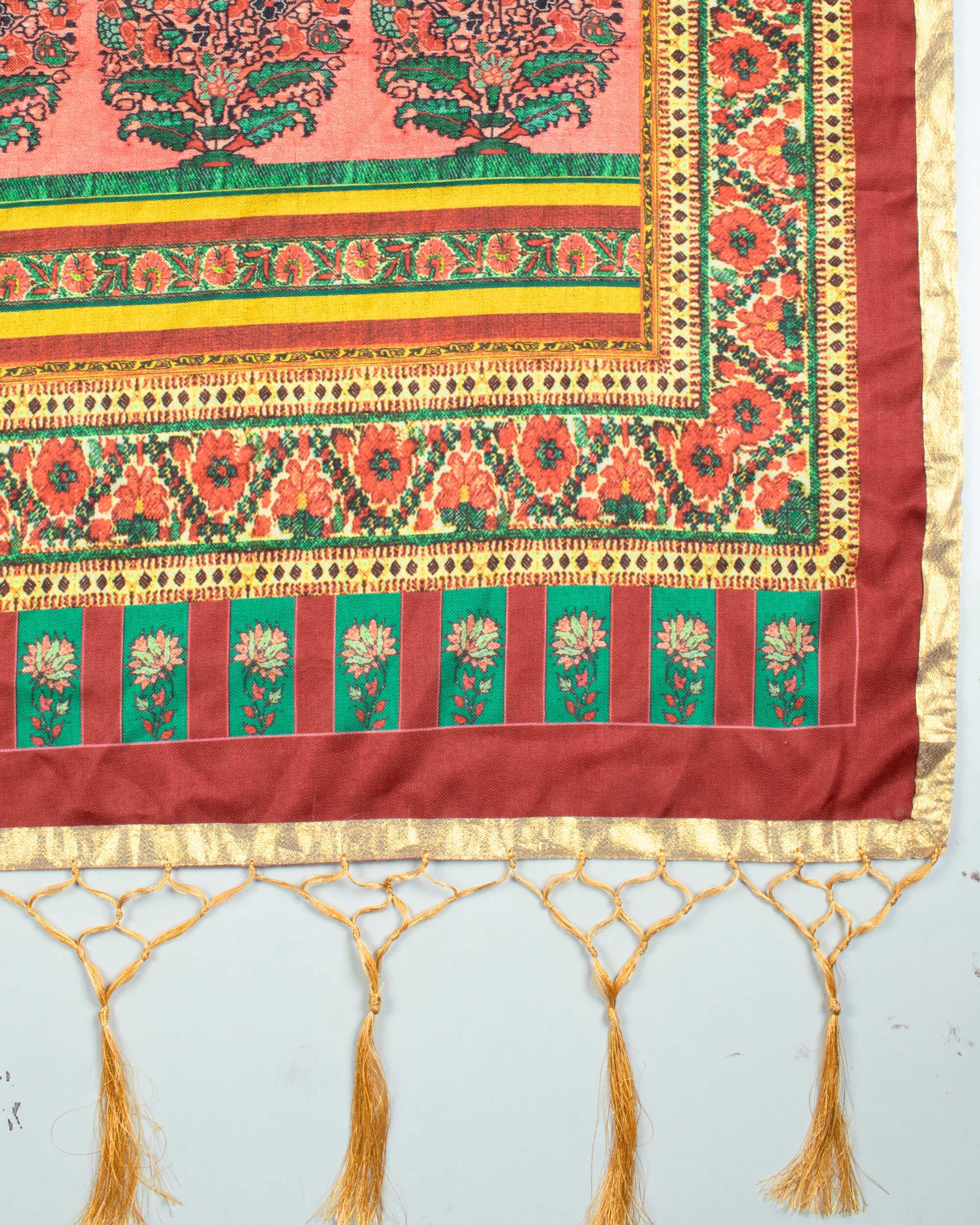 Orange And Indian Red Floral Pattern Digital Print Satin Borderd Gadwal Silk Dupatta With Tassels - Fabcurate