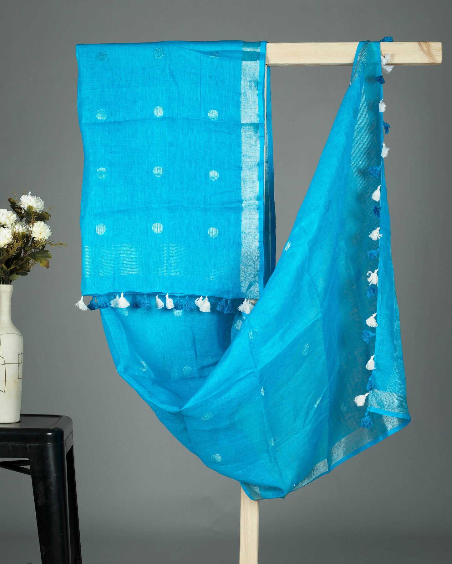 Sky Blue And Silver Booti Pattern Woven Bhagalpuri Premium Lurex Linen Dupatta - Fabcurate