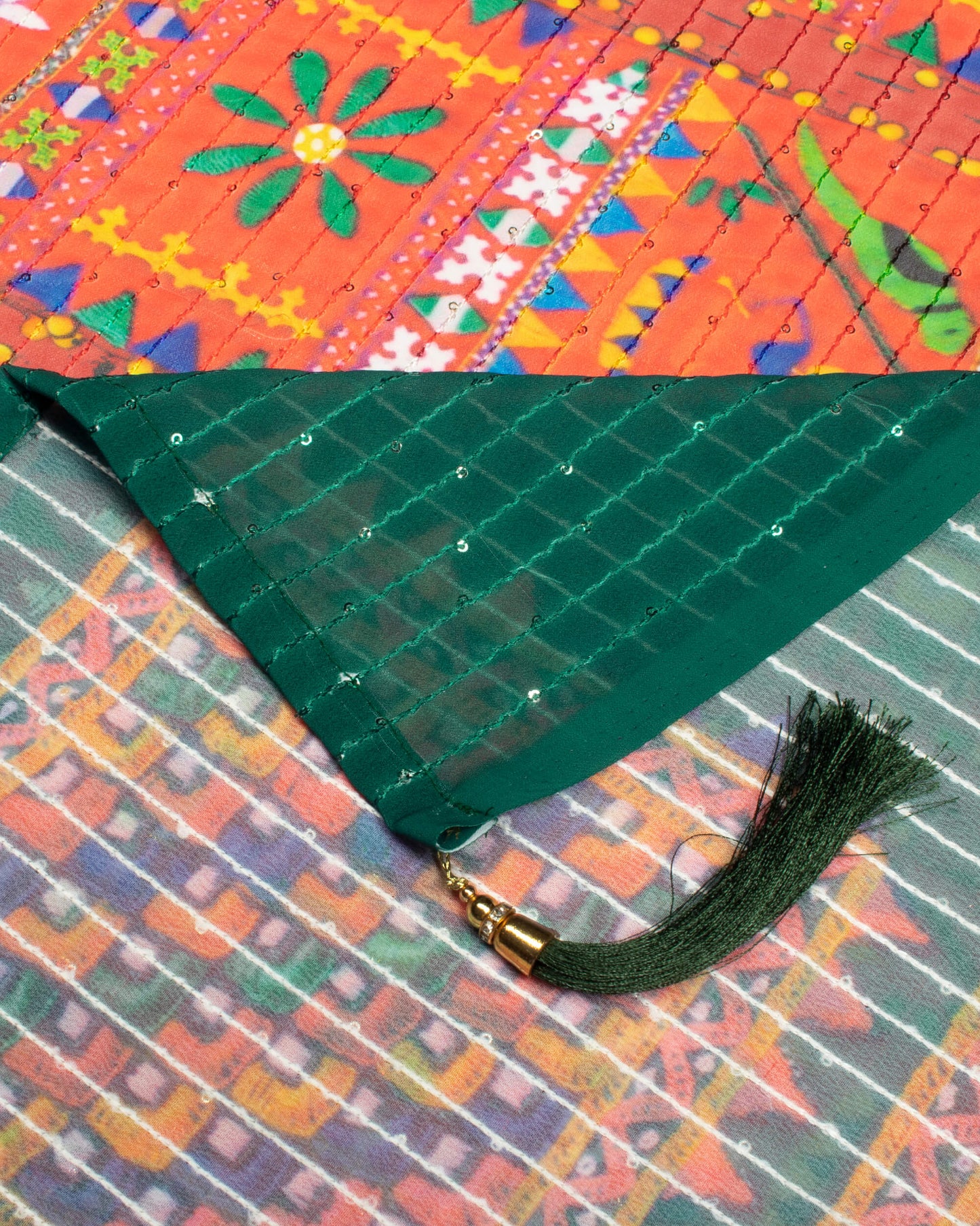 Vermilion Red And Green Gamthee Pattern Digital Print Sequins Georgette Dupatta With Tassels