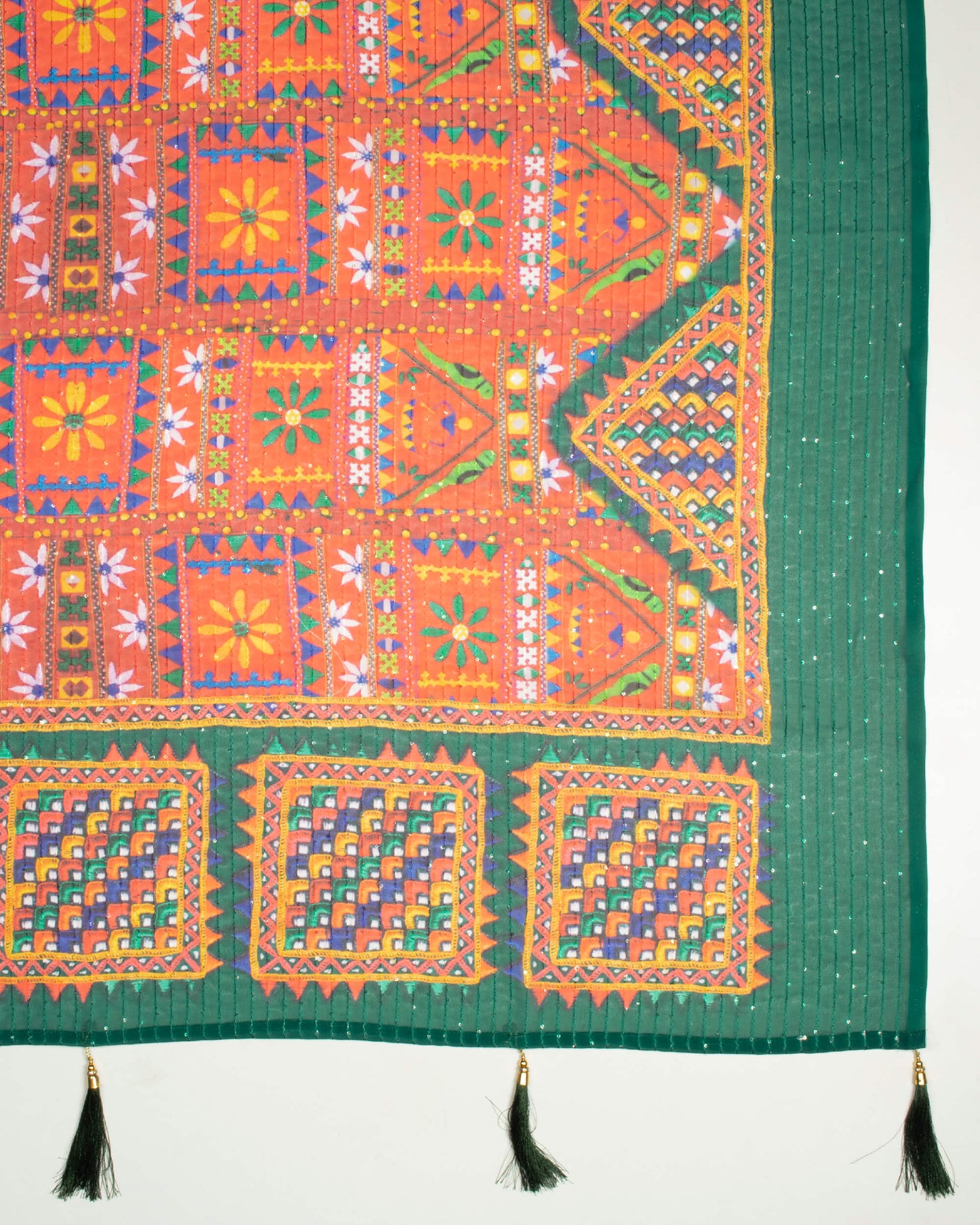 Vermilion Red And Green Gamthee Pattern Digital Print Sequins Georgette Dupatta With Tassels