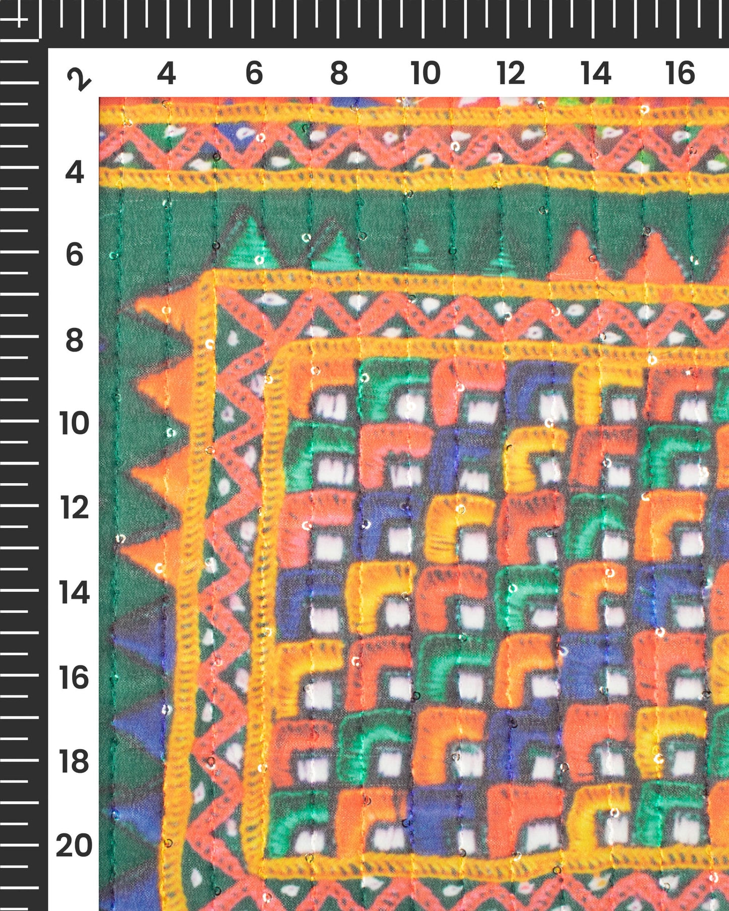 Vermilion Red And Green Gamthee Pattern Digital Print Sequins Georgette Dupatta With Tassels